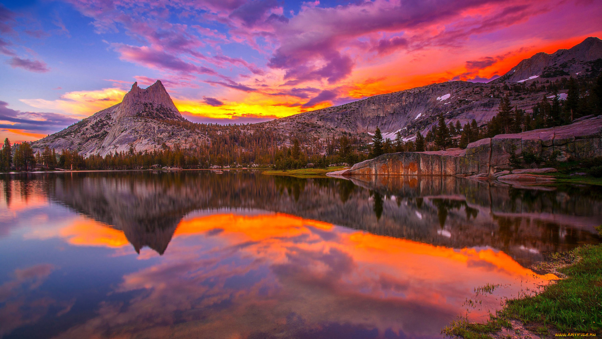 природа, восходы, закаты, отражение, закат, озеро, йосемити, национальный, парк, горы, штат, калифорния, сша