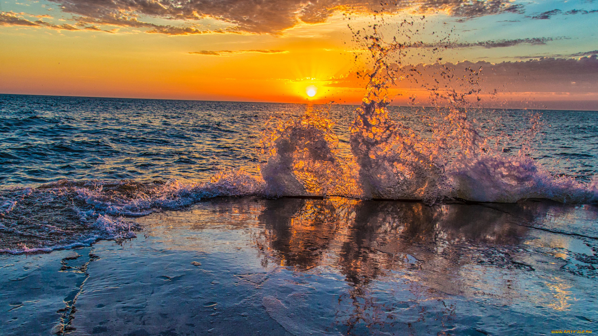 природа, восходы, закаты, солнце, горизонт, брызги, волны, океан