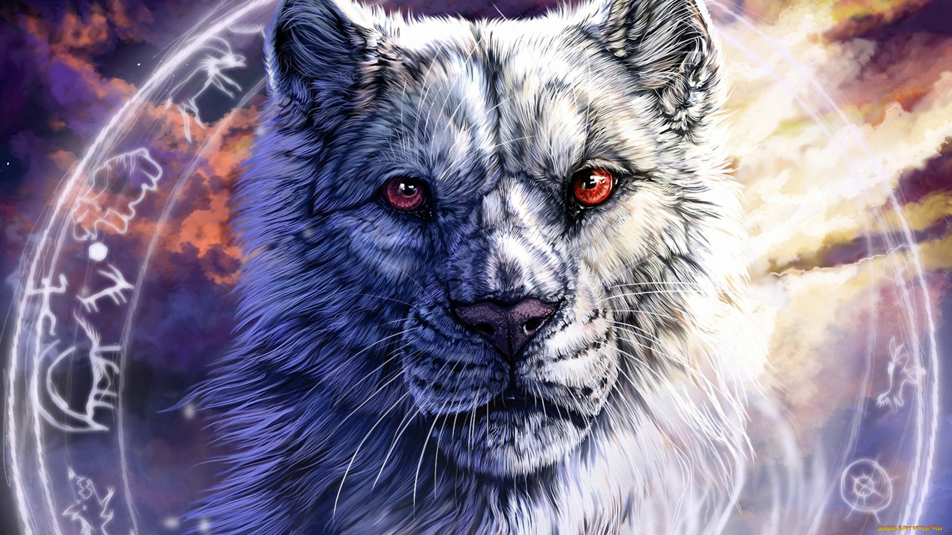 рисованные, животные, , сказочные, , мифические, круг, морда, волк, красные, глаза, символы