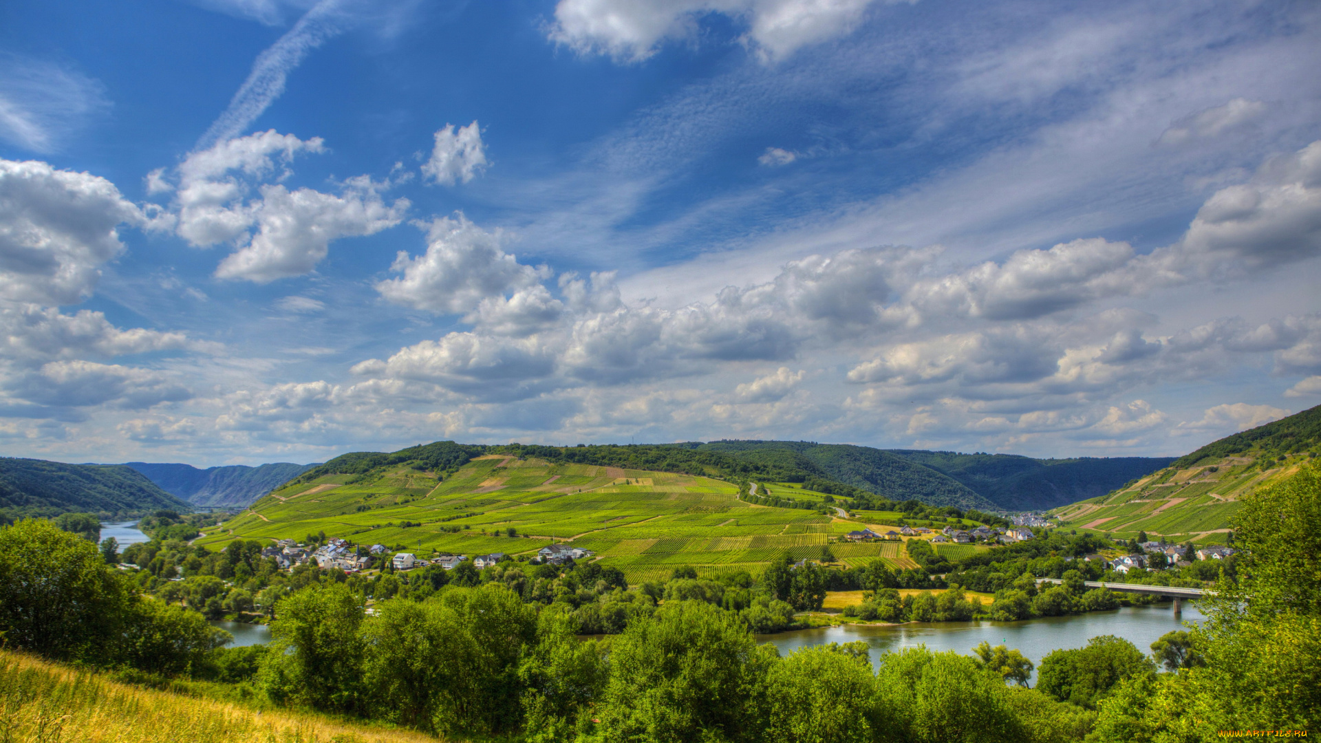 зенхайм, гемания, природа, пейзажи, зенхайм, пейзаж, гемания, облака, деревья, река, дома