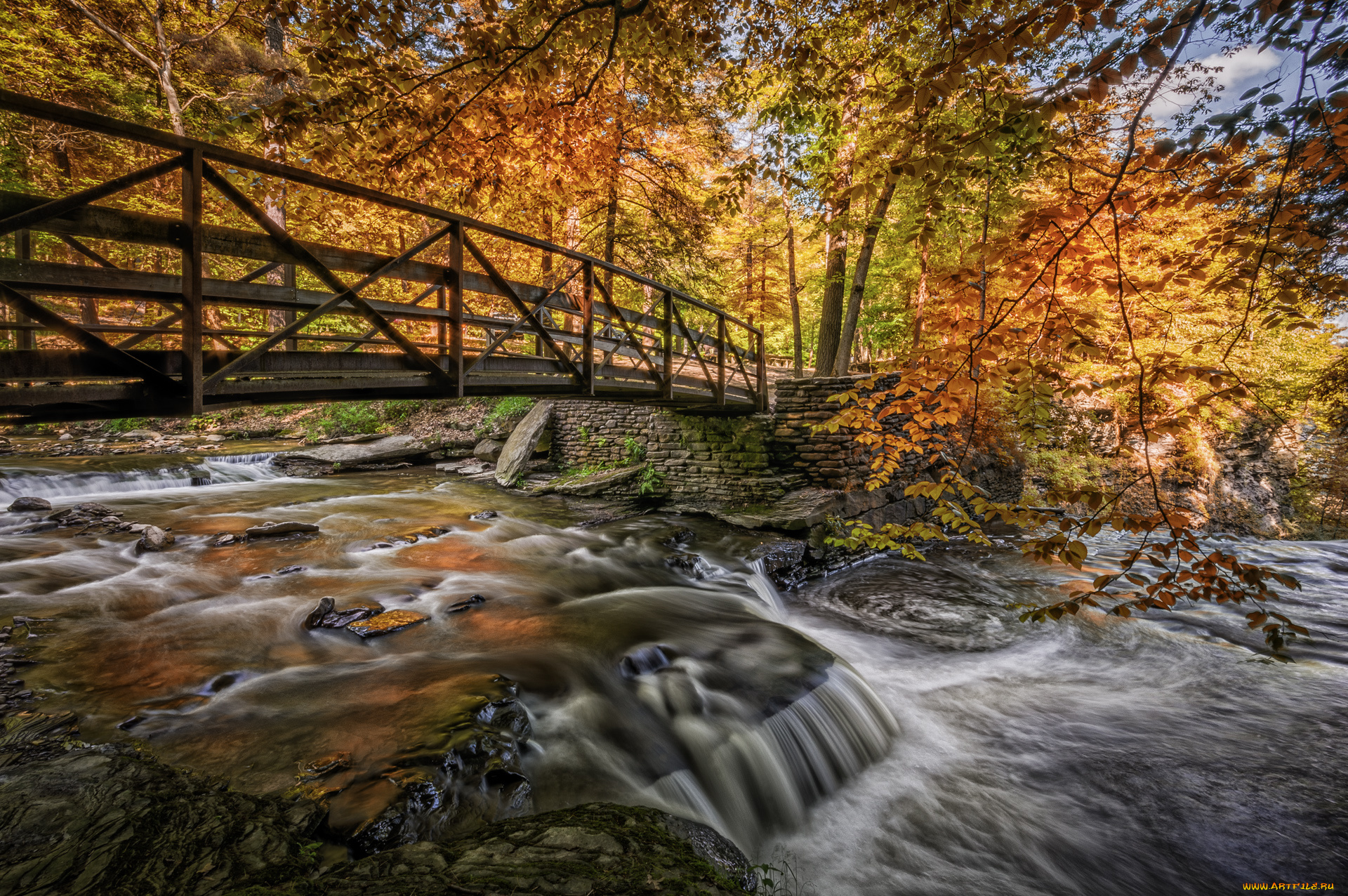 природа, реки, озера, осень, лес, река, мост