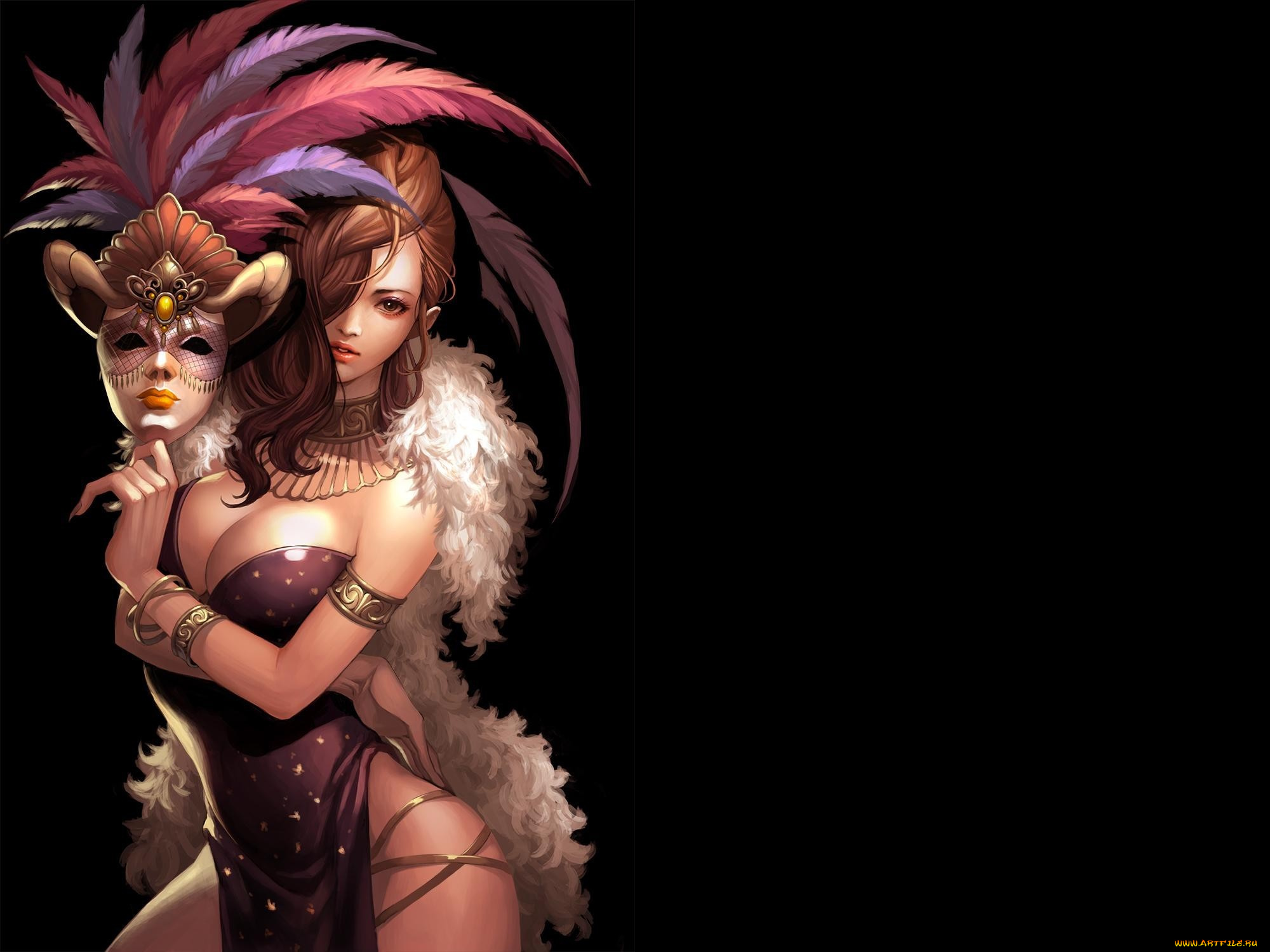 фэнтези, девушки, мех, sigmul, перья, маска, темный, фон, девушка, арт