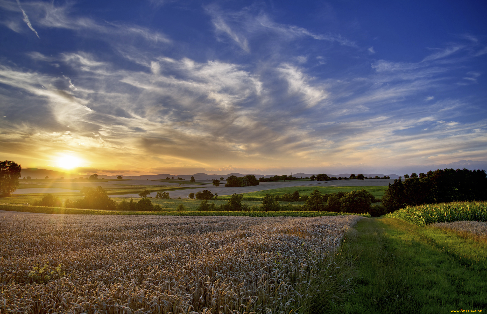 природа, восходы, закаты, трава, тучи, солнце, равнина