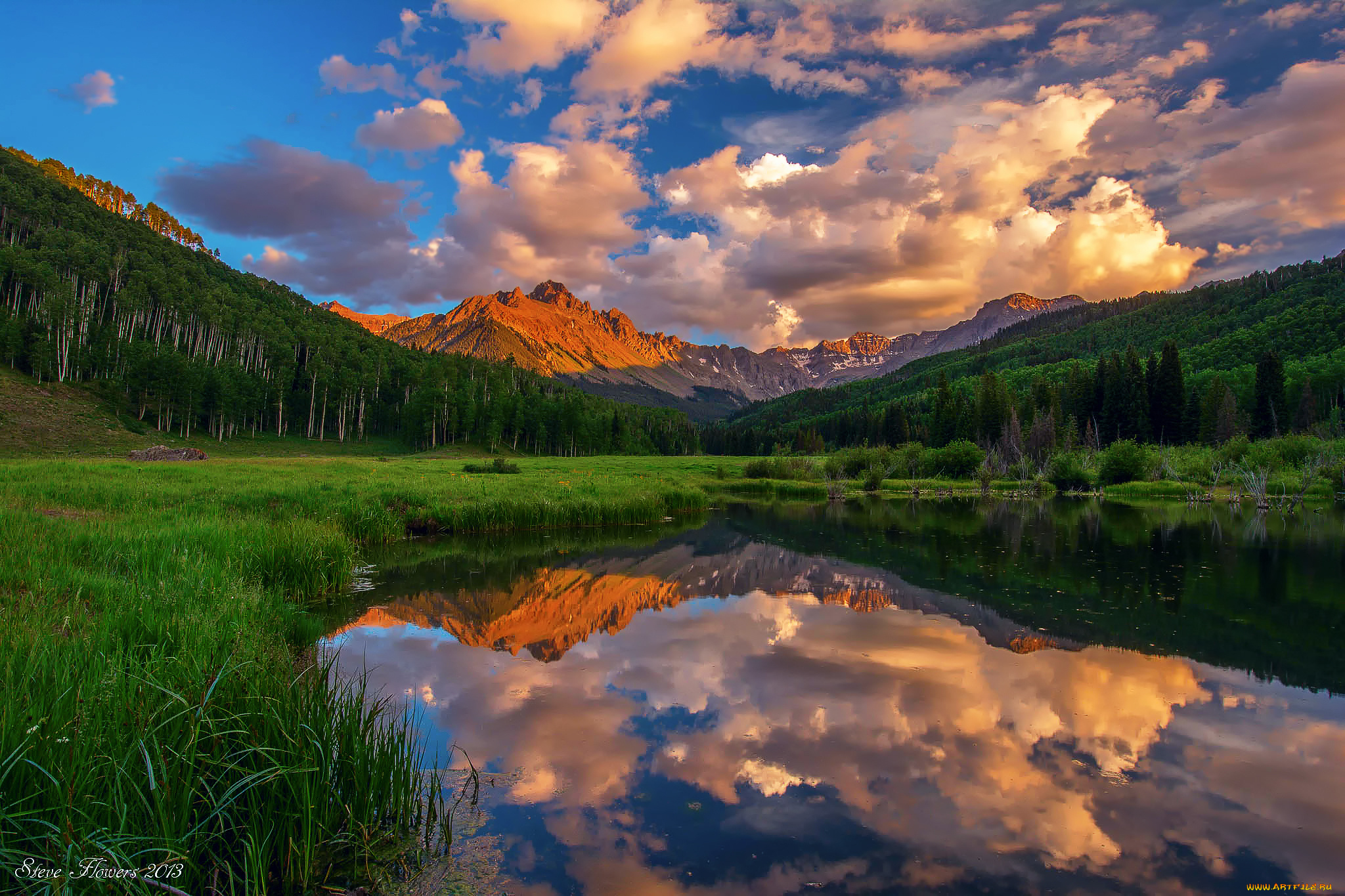 природа, реки, озера, небо, вода, отражения, облака, озеро, лес, горы, mt, sneffels, колорадо, сша