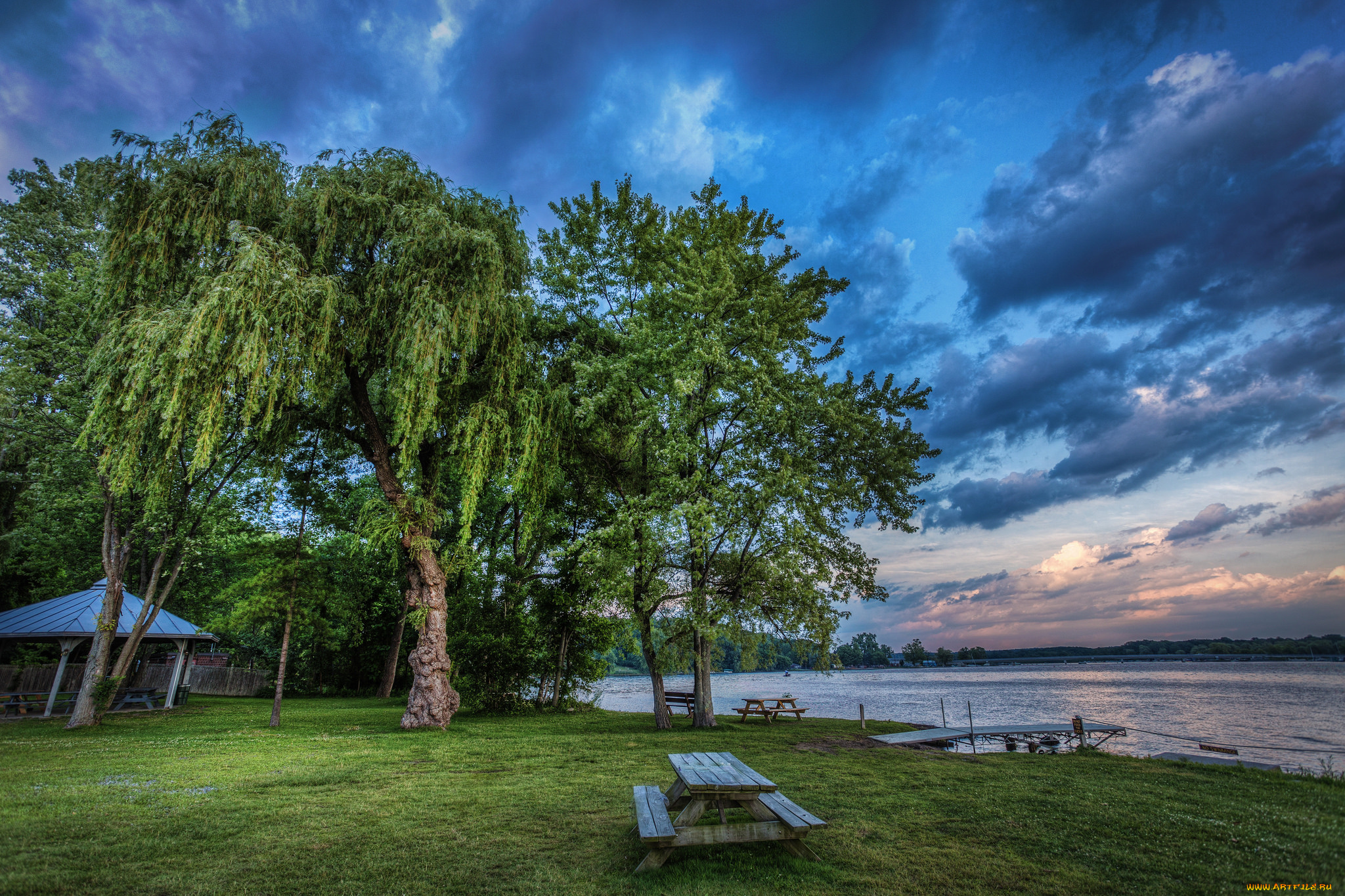 природа, реки, озера, скамейка, деревья, лужайка, река