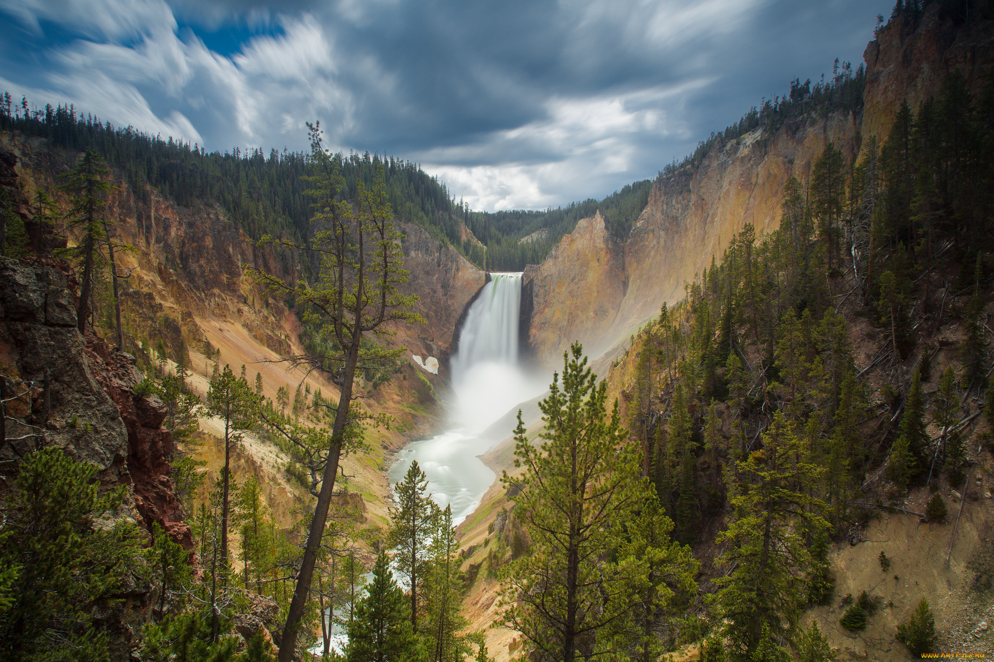 природа, водопады, canyon, junction, wyoming, usа, lower, falls, yellowstone, national, park, водопад, скала, лес