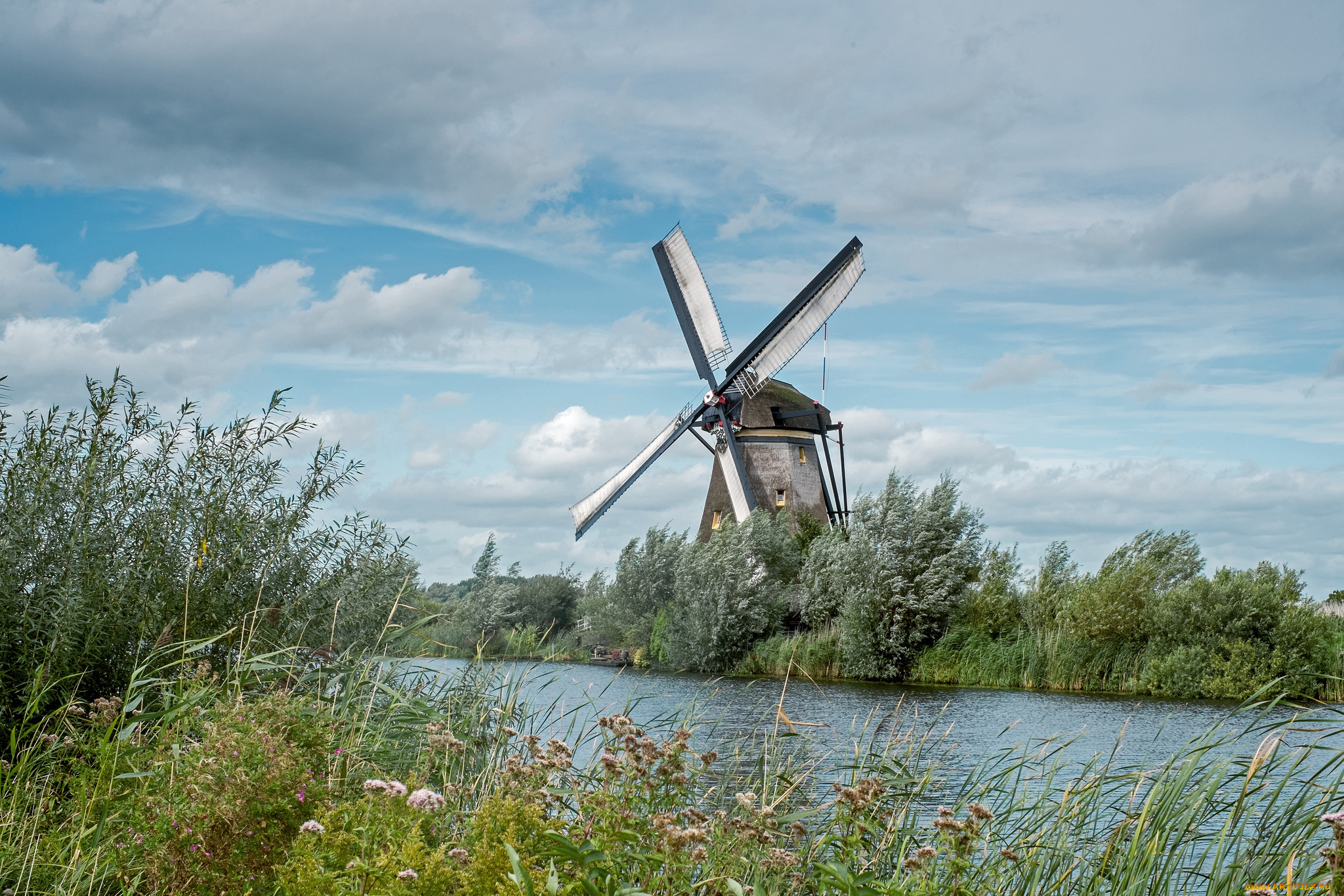 разное, мельницы, ветряк, заросли, река