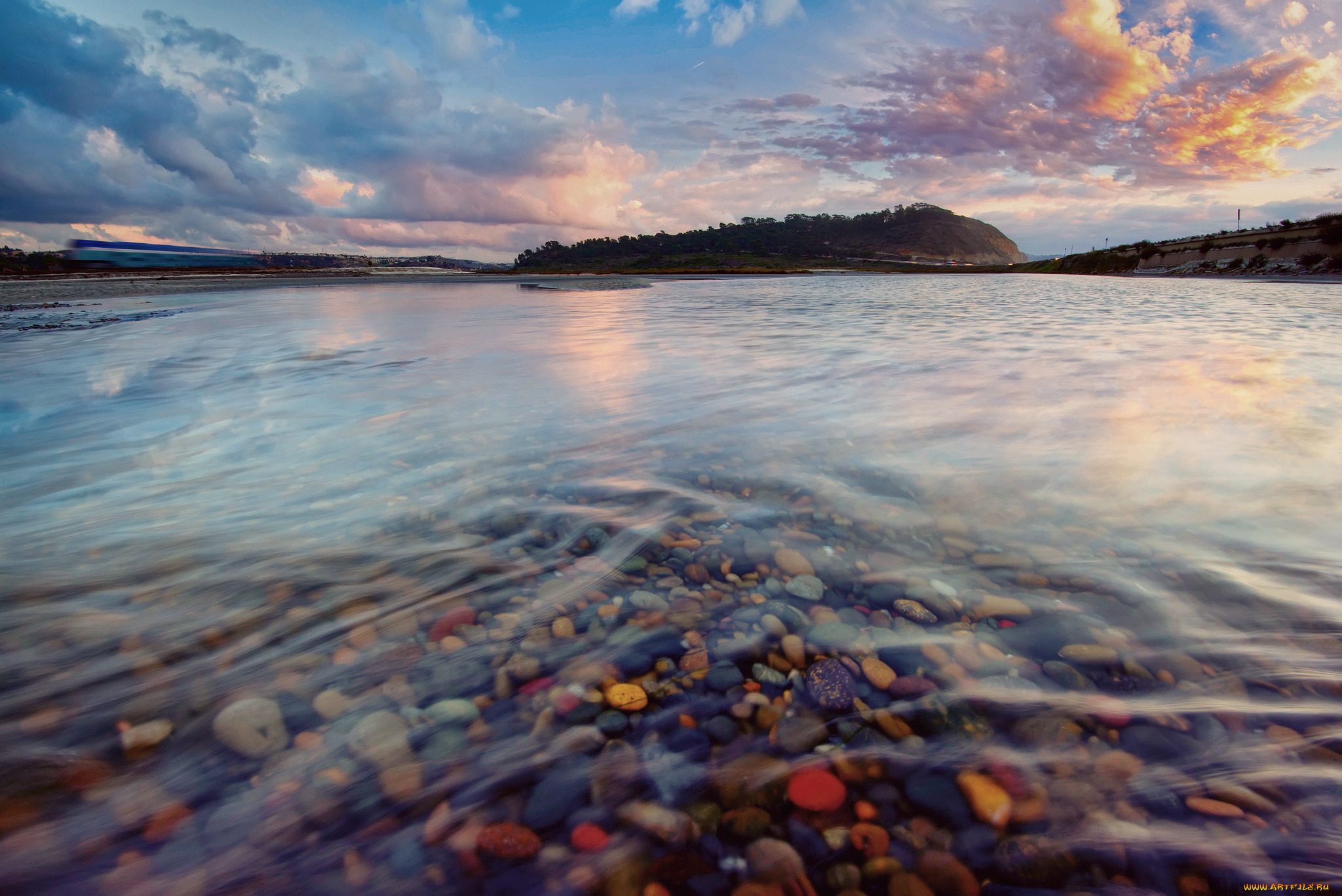 природа, реки, озера, выдержка, поезд, дорога, вода, камни, небо, облака