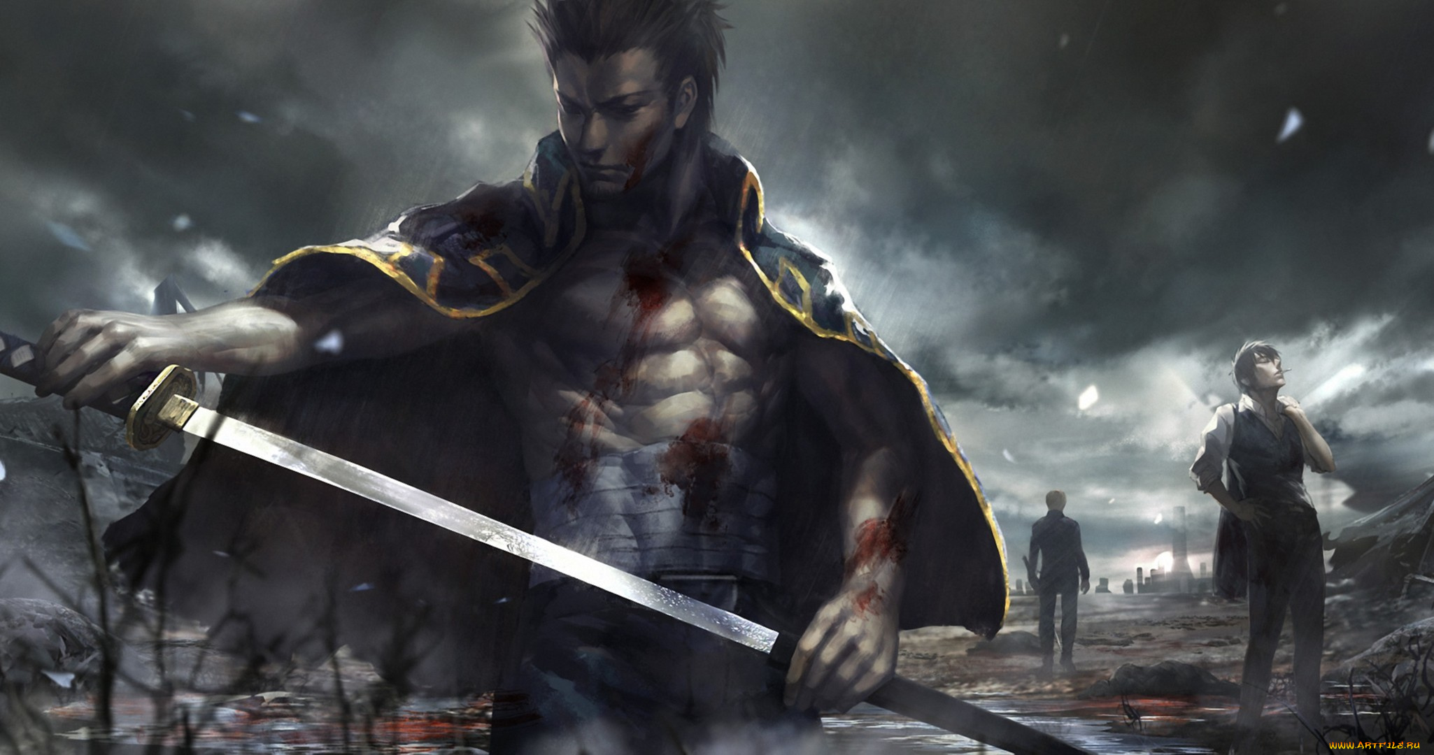 фэнтези, люди, курит, сигарета, плащ, рана, кровь, бинт, мрачно, тучи, катана, меч, парни