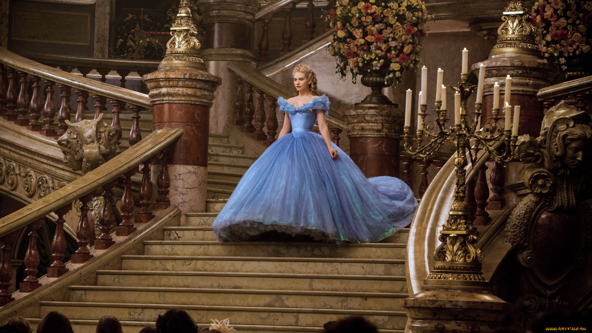 кино, фильмы, cinderella, , 2015, платье, lily, james, лили, джеймс, золушка, свечи, лестница, зал