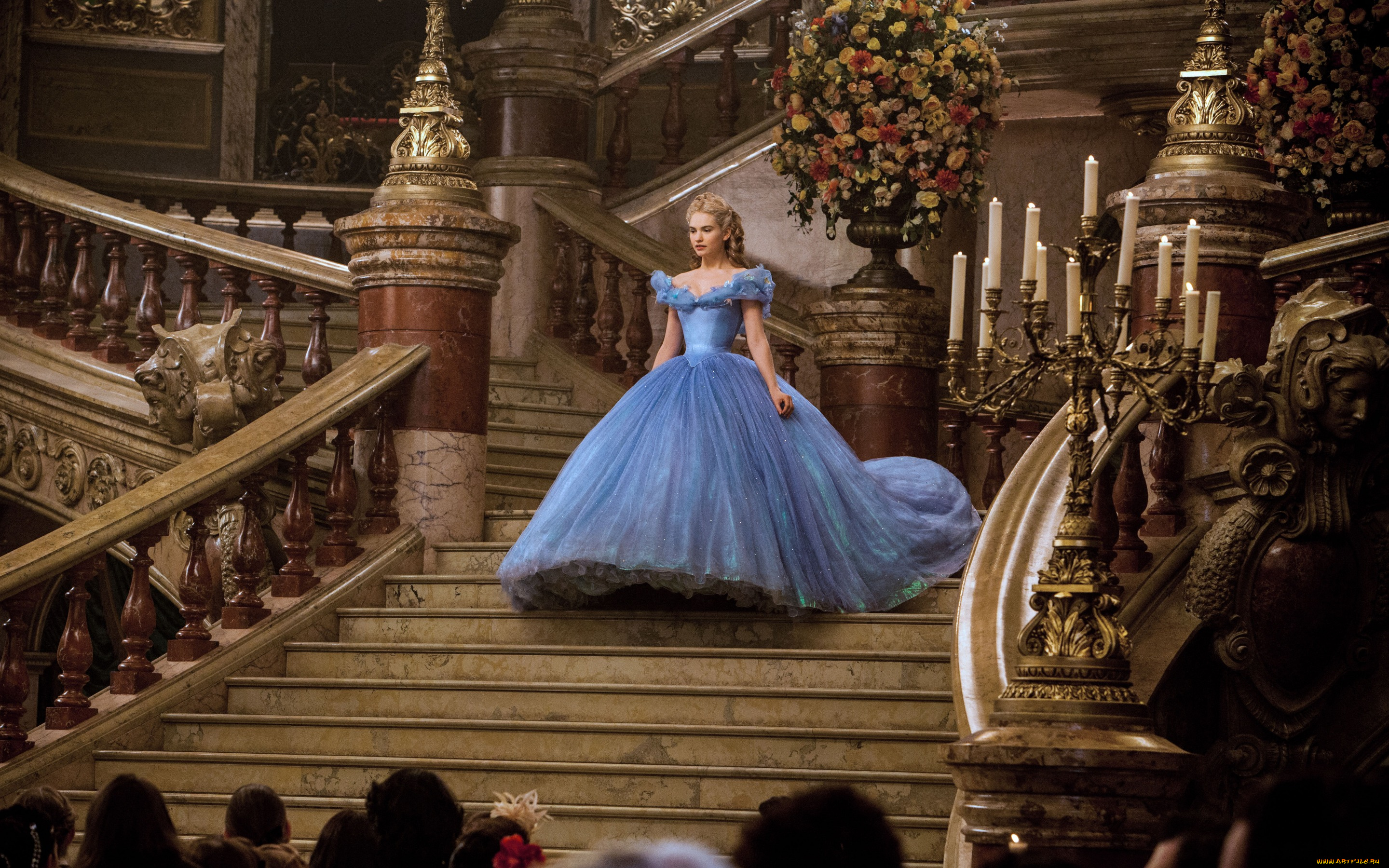 кино, фильмы, cinderella, , 2015, платье, lily, james, лили, джеймс, золушка, свечи, лестница, зал