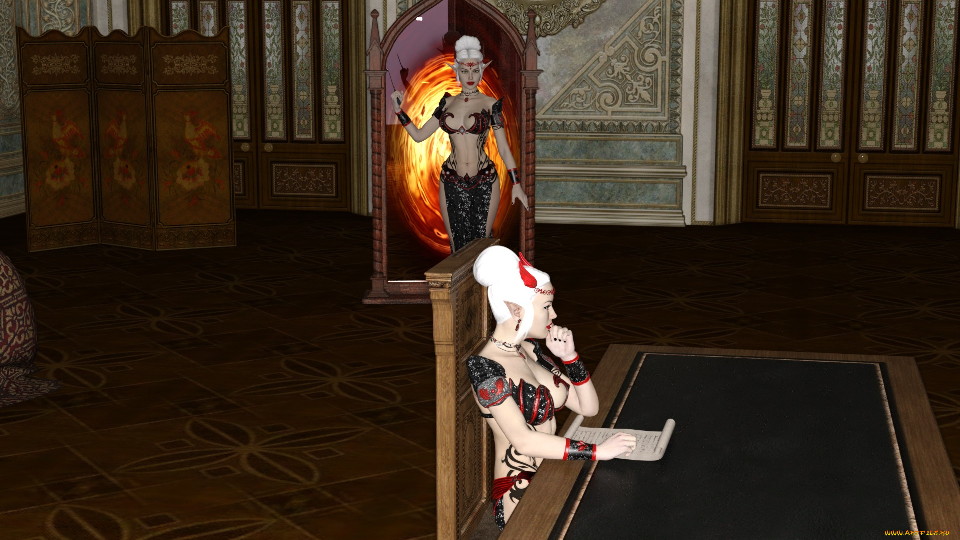 3д, графика, эльфы, , elves, эльфийки, взгляд, фон, интерьер