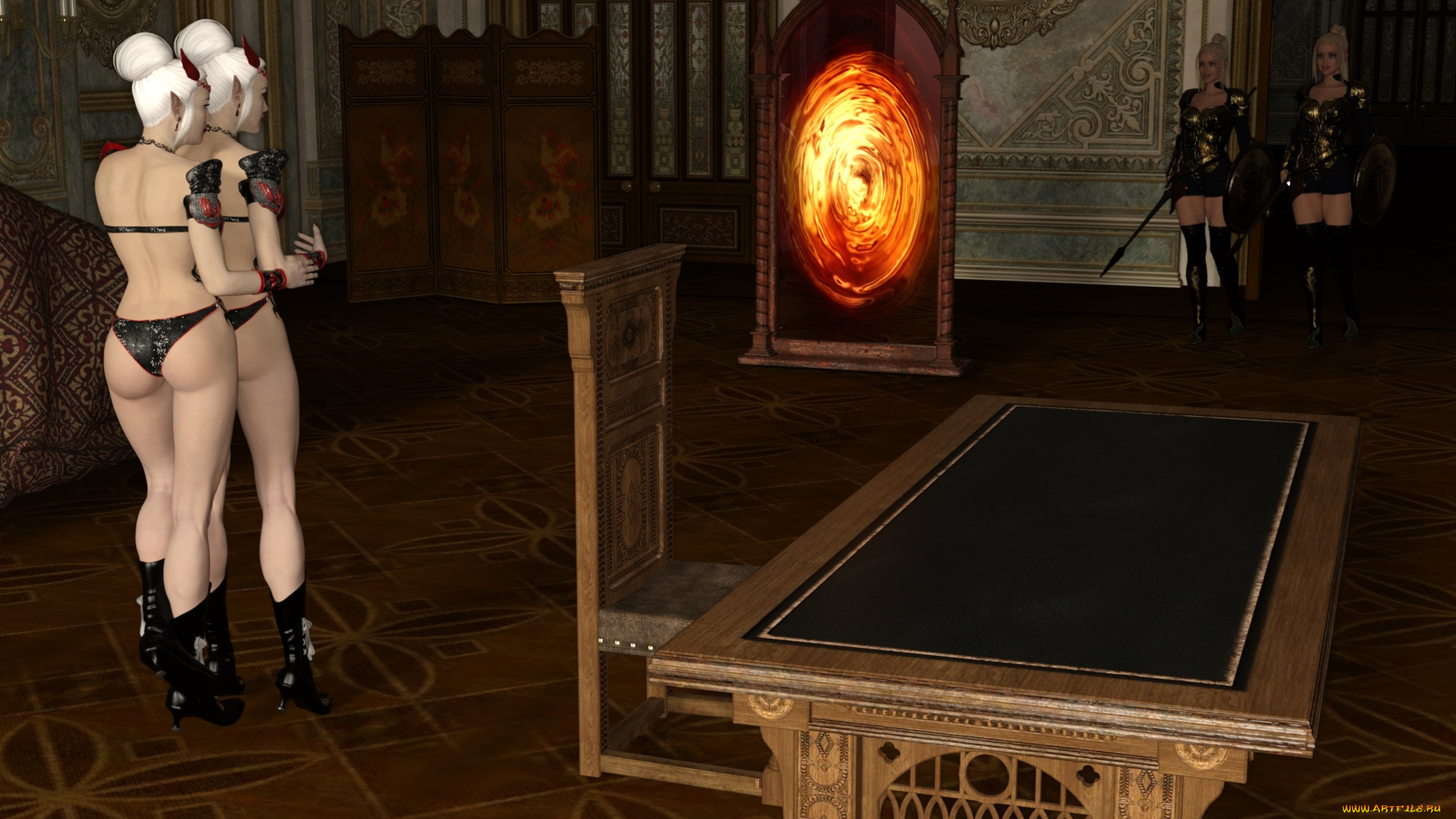 3д, графика, эльфы, , elves, эльфийки, взгляд, фон, интерьер