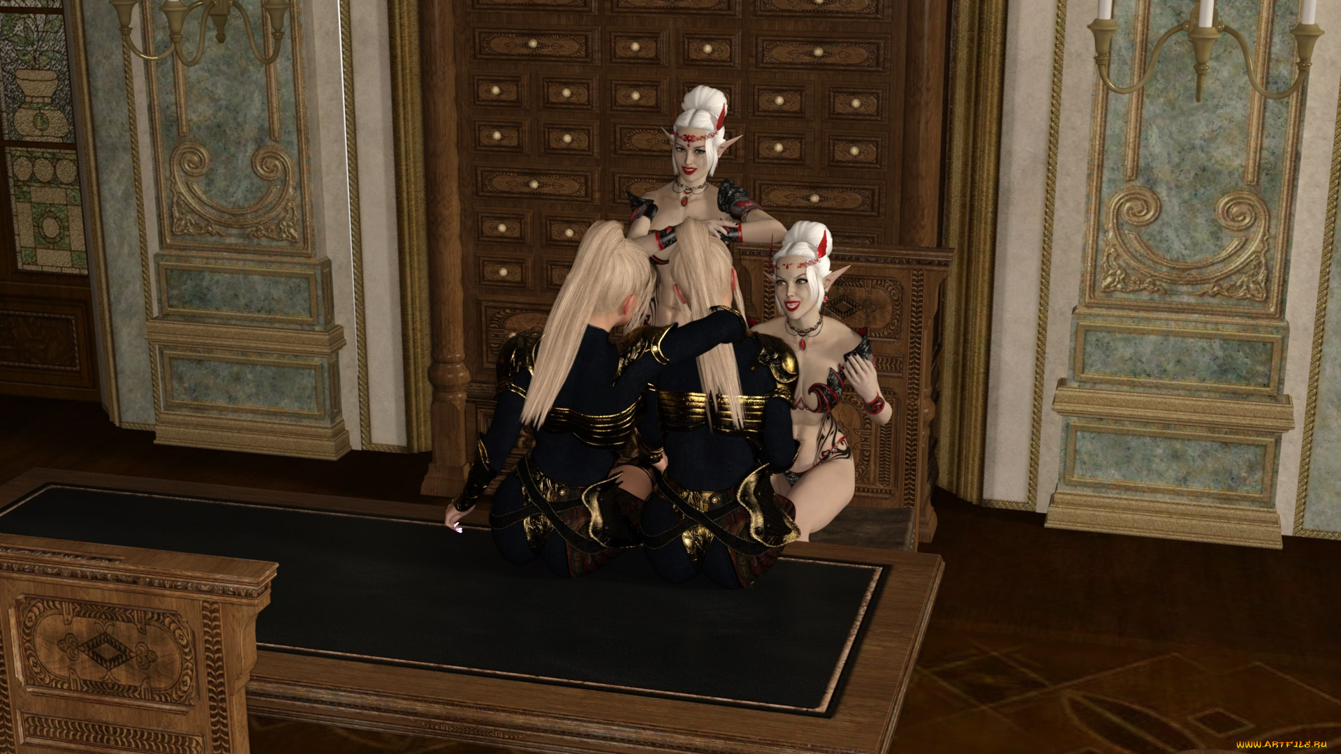 3д, графика, эльфы, , elves, эльфийки, взгляд, фон, интерьер