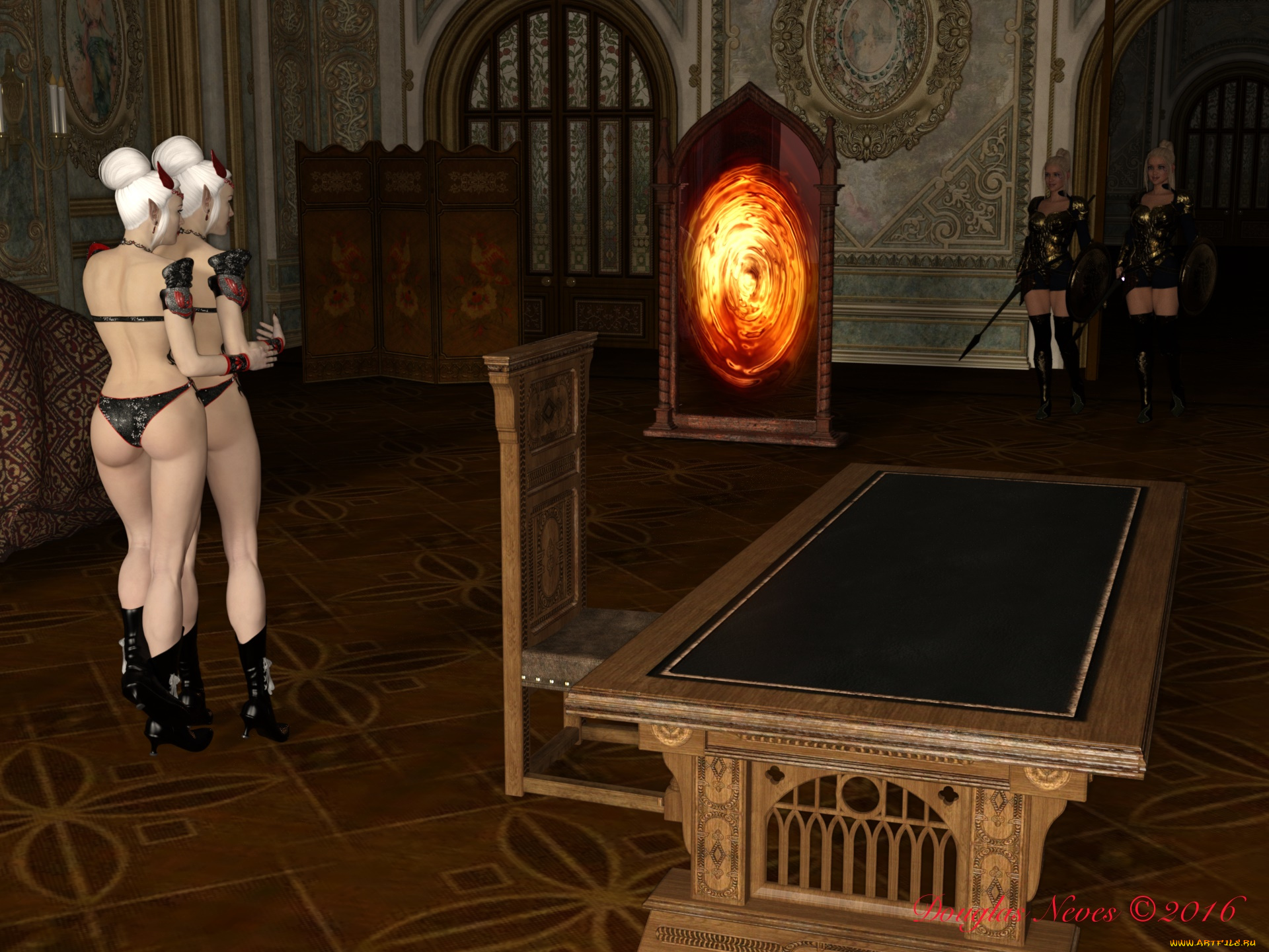 3д, графика, эльфы, , elves, эльфийки, взгляд, фон, интерьер