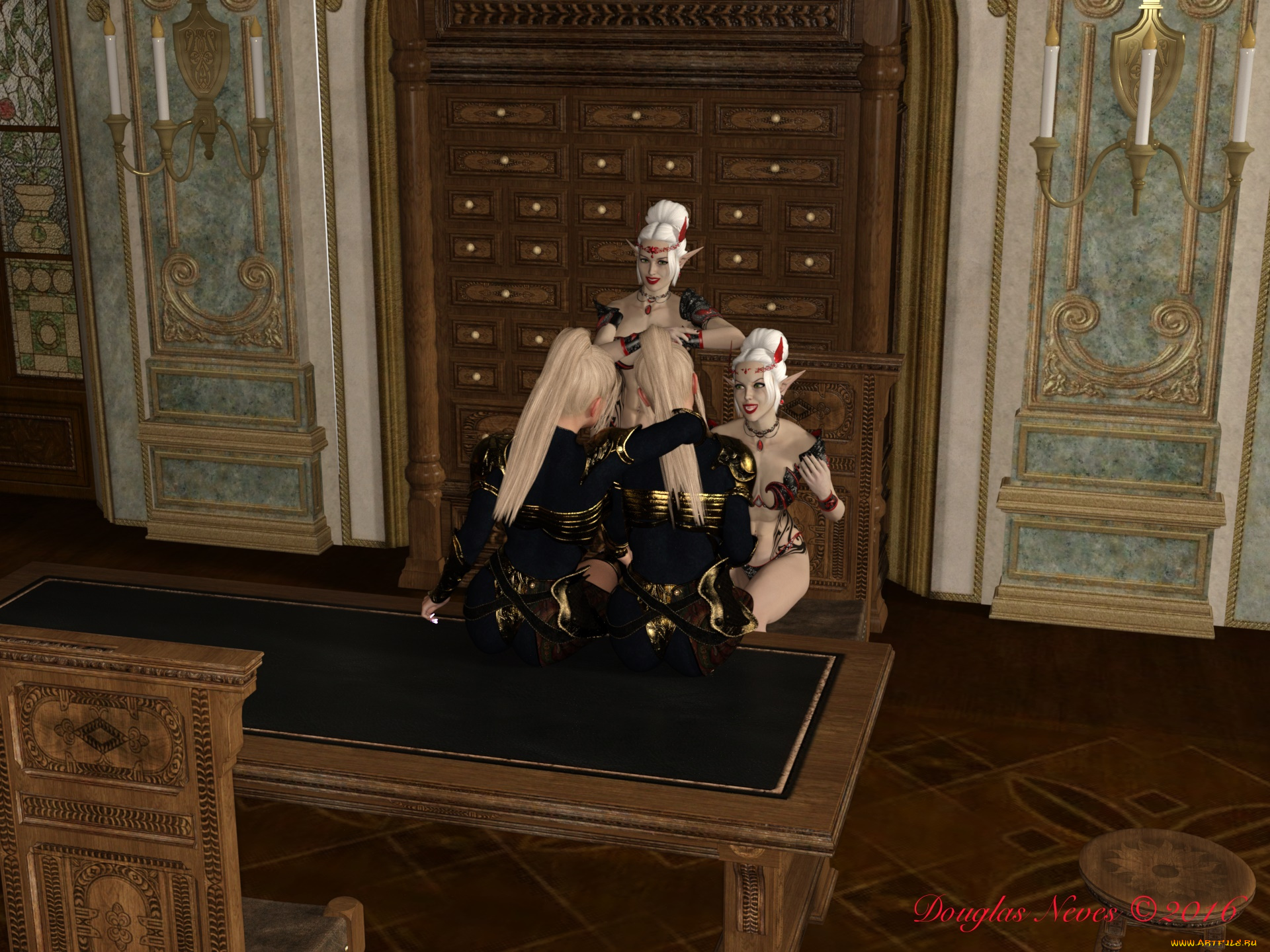 3д, графика, эльфы, , elves, эльфийки, взгляд, фон, интерьер