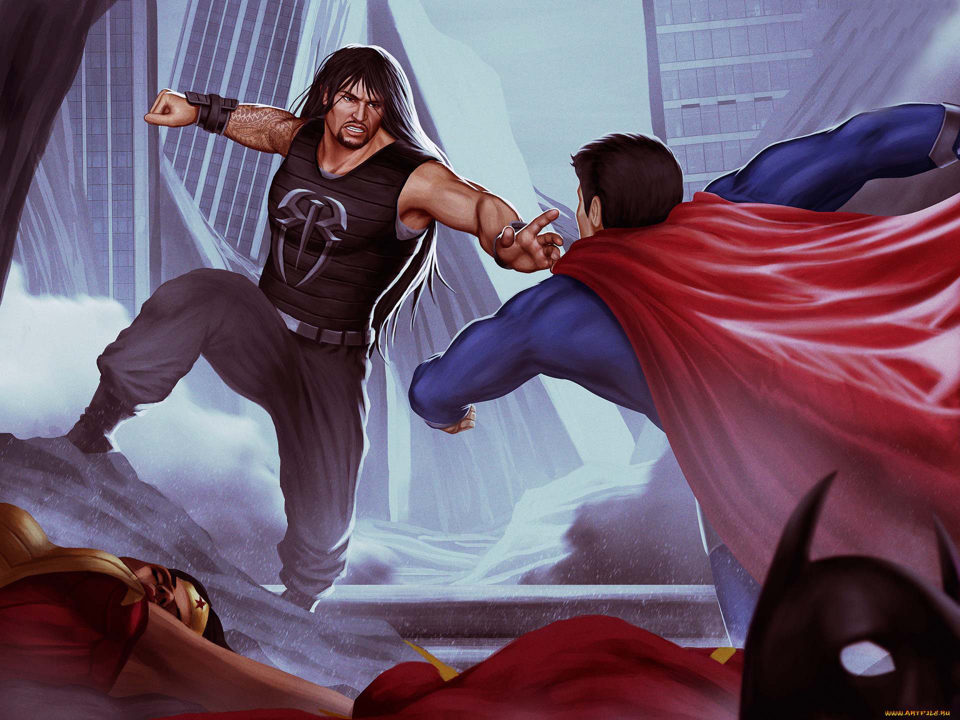 рисованное, люди, punch, superman, roman, reigns