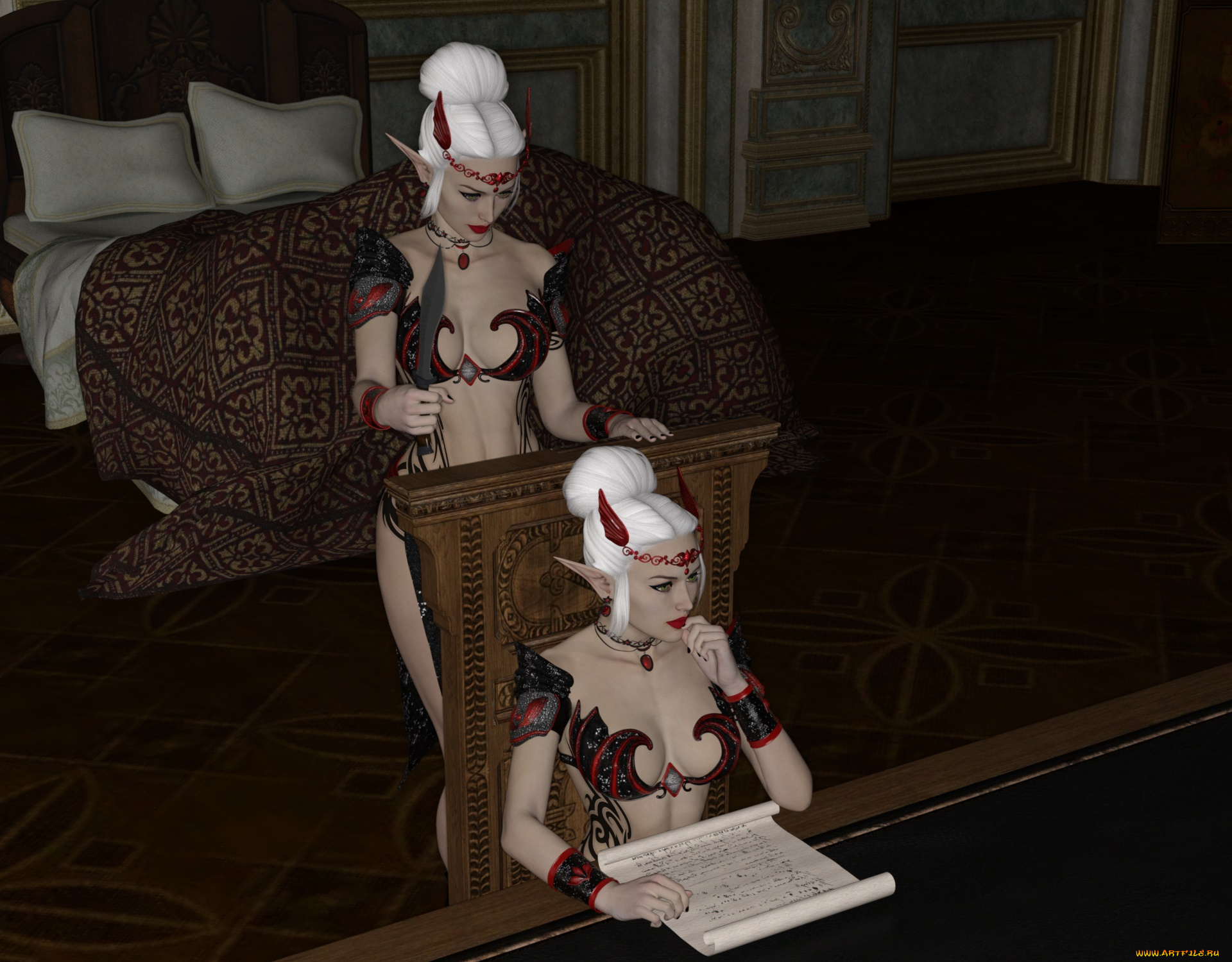 3д, графика, эльфы, , elves, эльфийки, взгляд, фон, интерьер