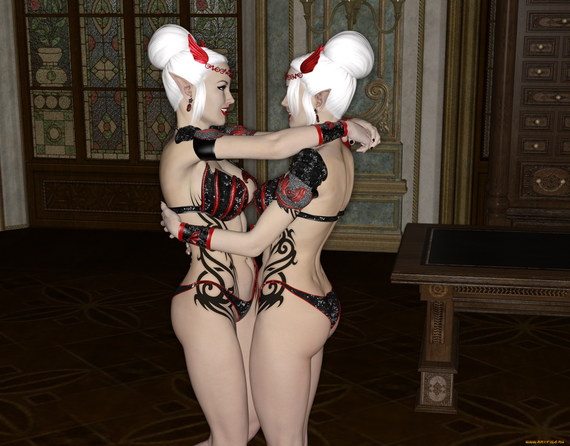 3д, графика, эльфы, , elves, эльфийки, взгляд, фон, интерьер