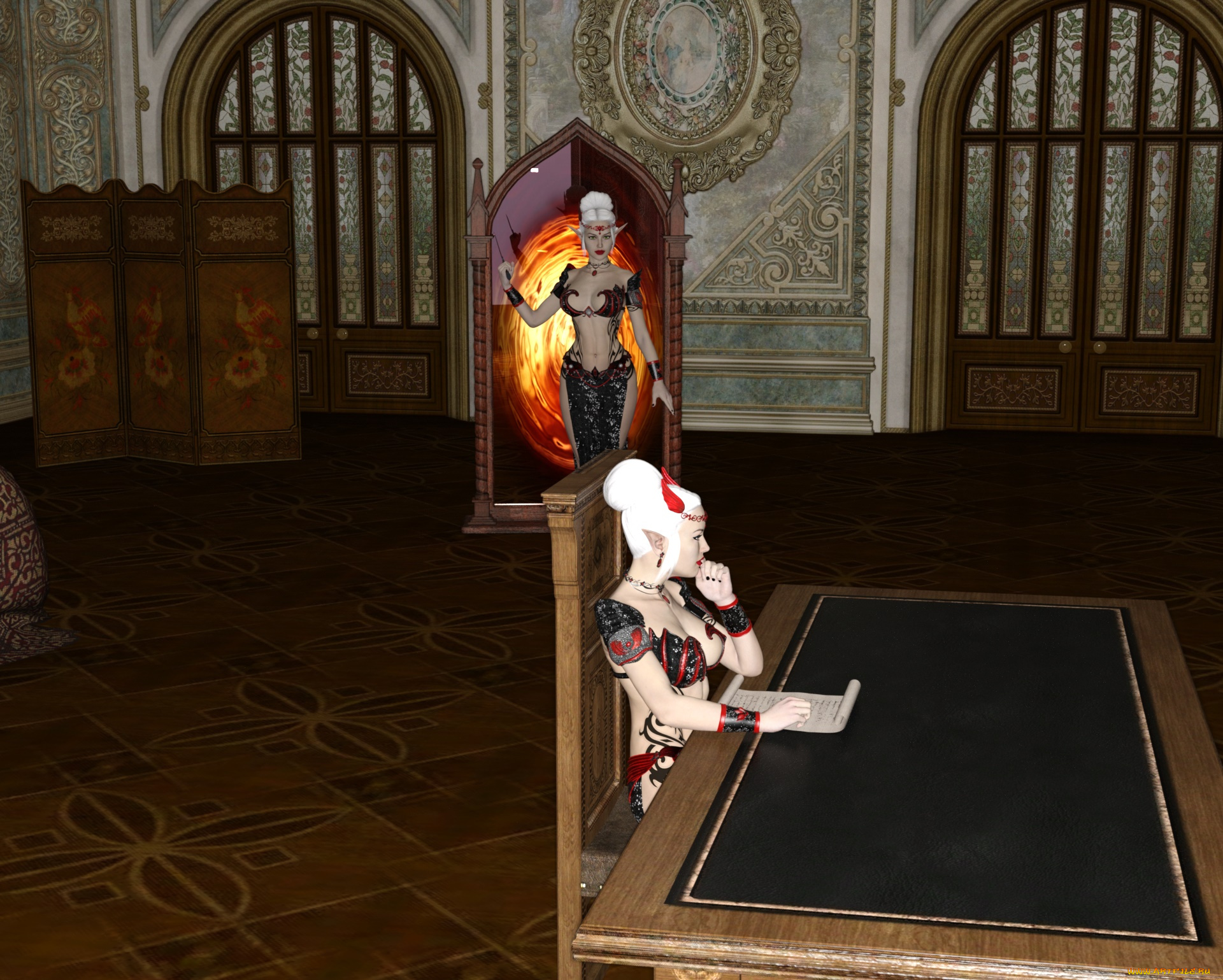 3д, графика, эльфы, , elves, эльфийки, взгляд, фон, интерьер