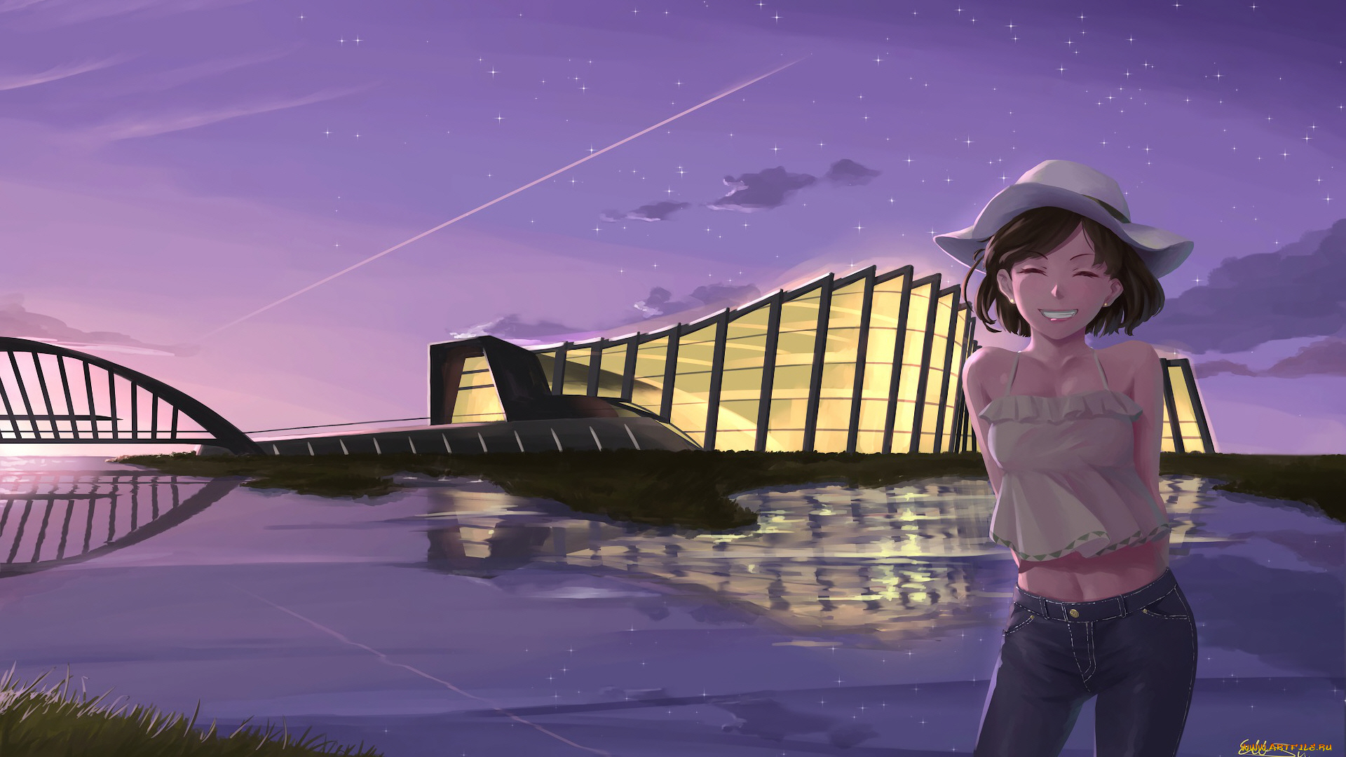 аниме, город, , улицы, , здания, девушка