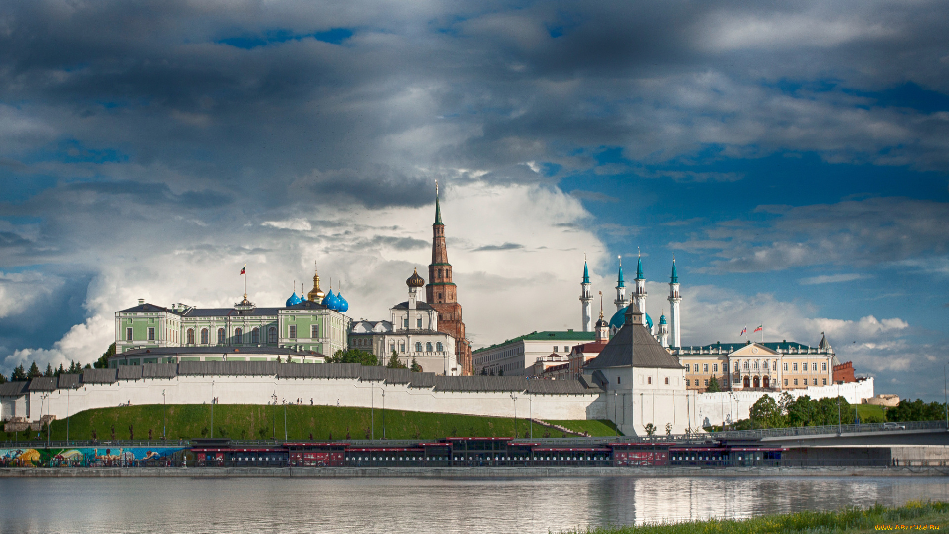 kazan, города, -, панорамы, шпили, река