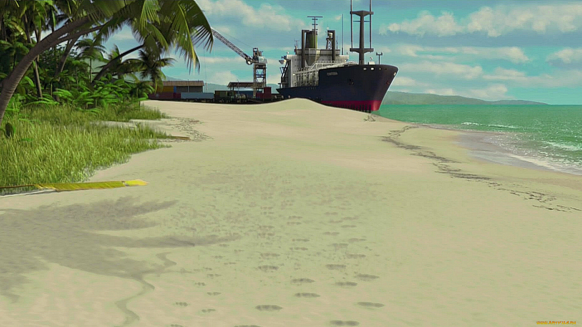 рисованное, -, другое, водоем, песок, корабль, растения, деревья