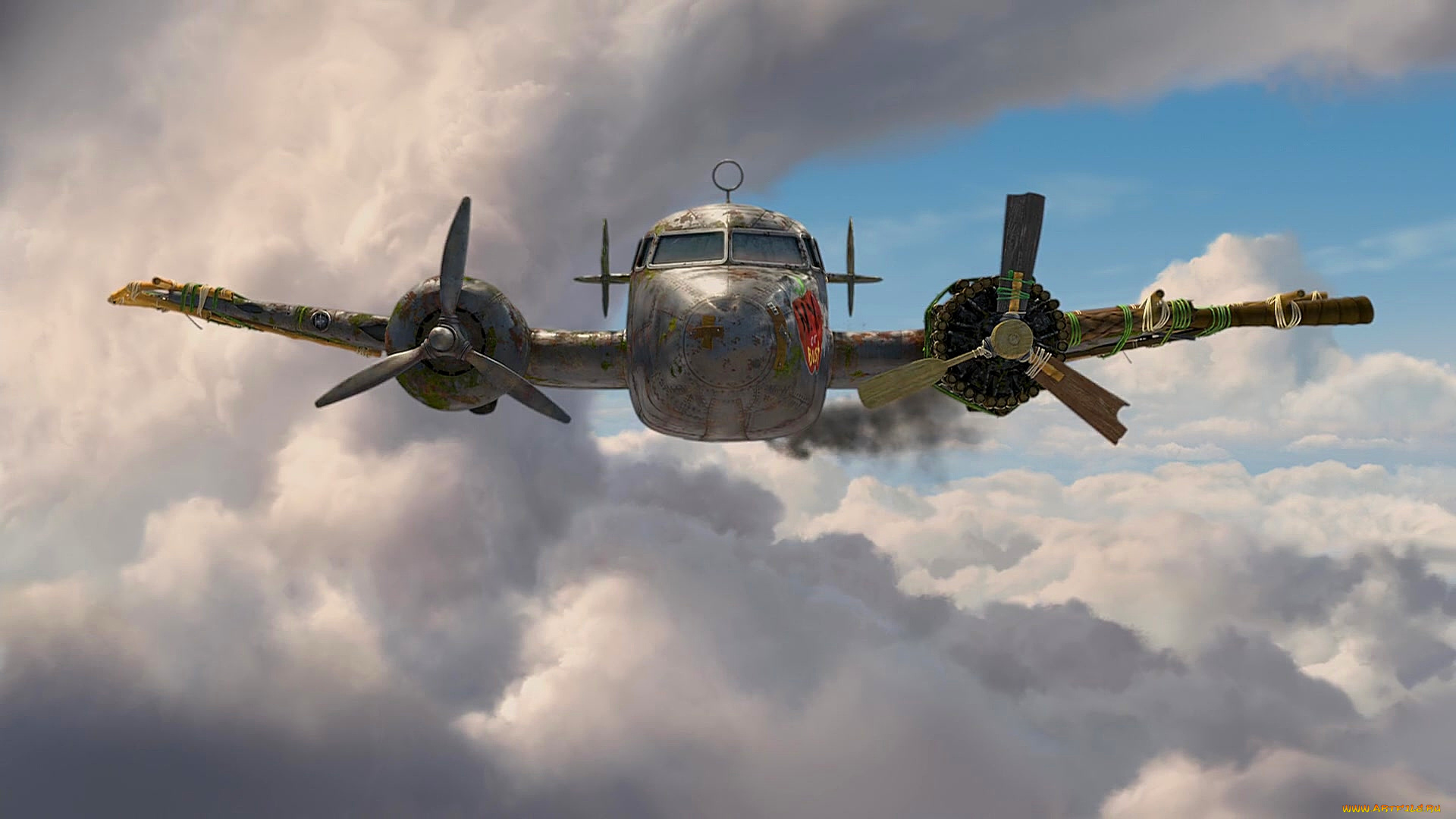 рисованное, авиация, облака, самолет