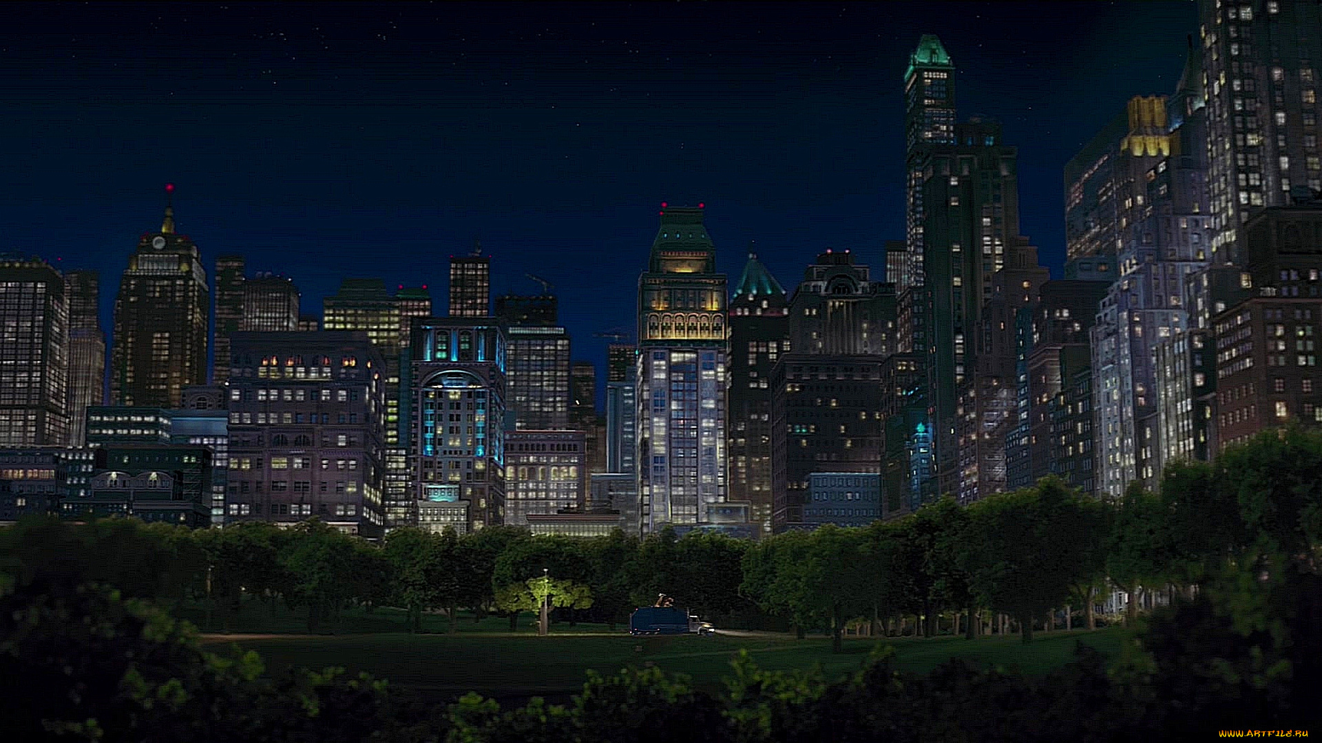 рисованное, города, небоскреб, деревья, растения, машина, здания, ночь