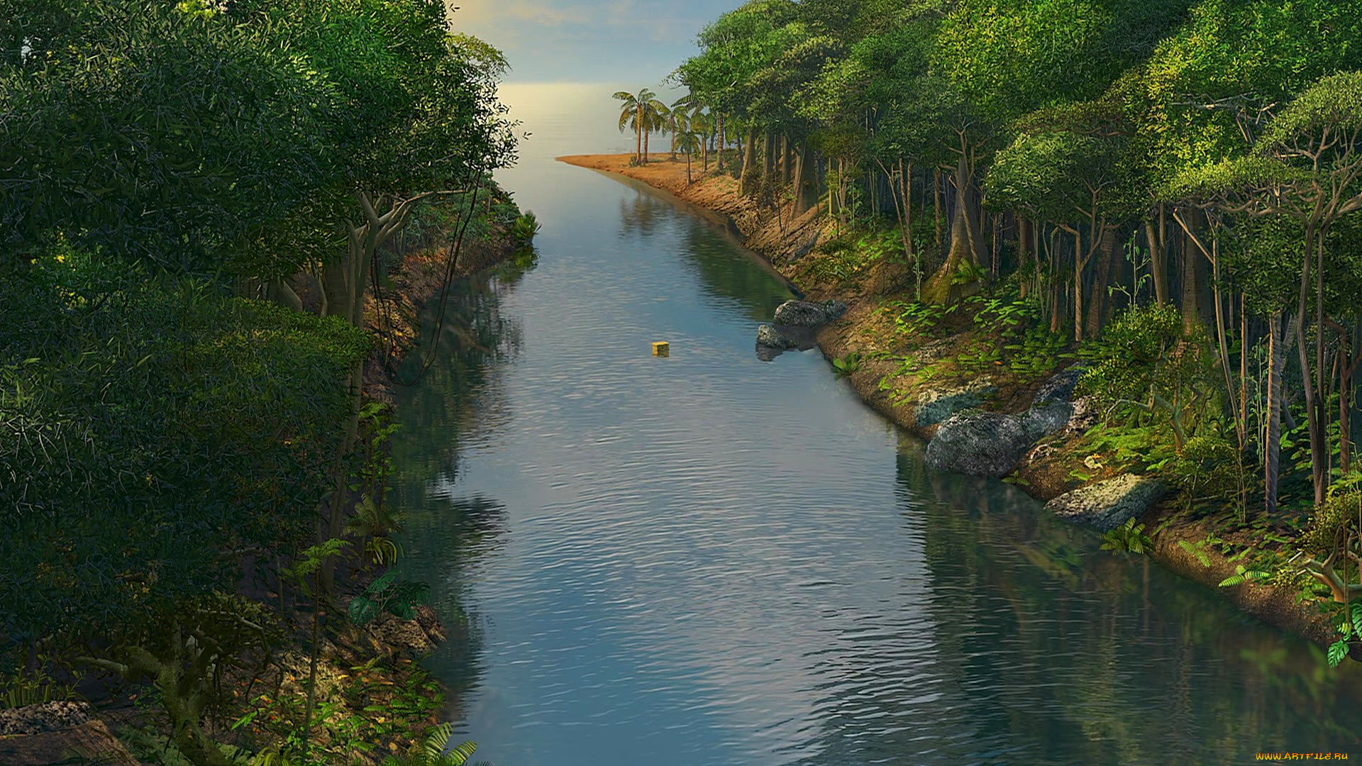 рисованное, природа, деревья, камни, водоем