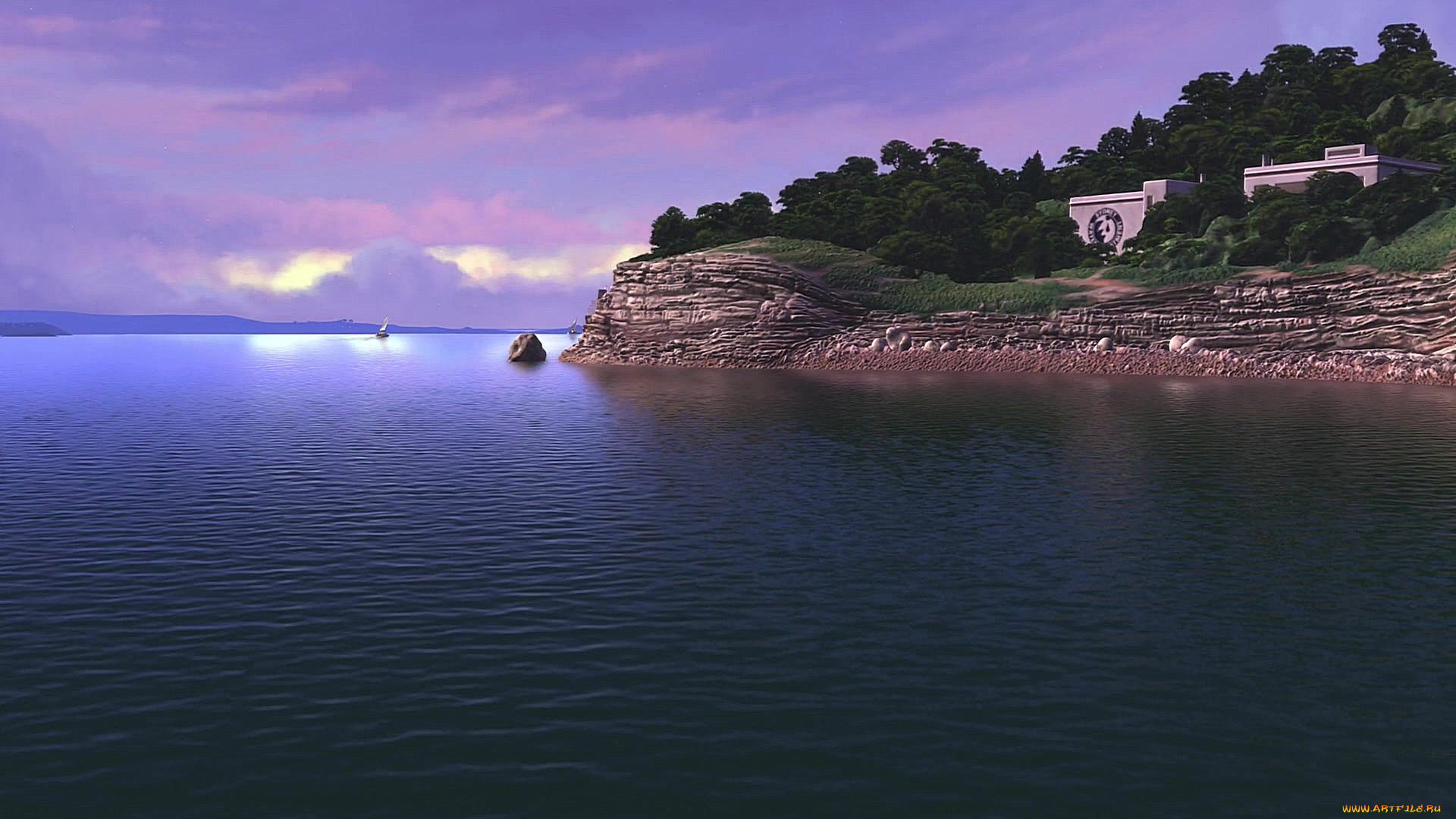 рисованное, природа, водоем, деревья, облака, здание