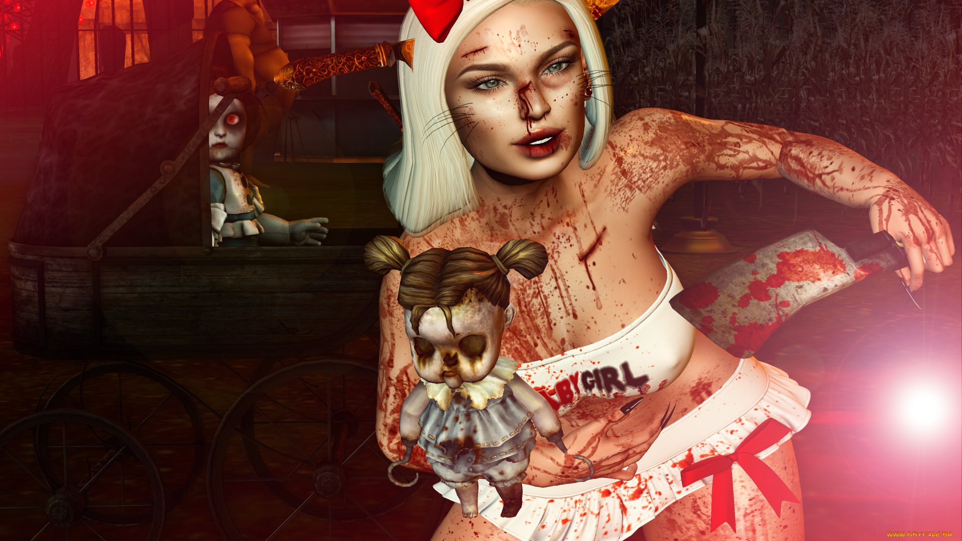 3d, девушка, 3д, графика, ужас, , horror, ужасы, зомби, девушка, кровь, 3d