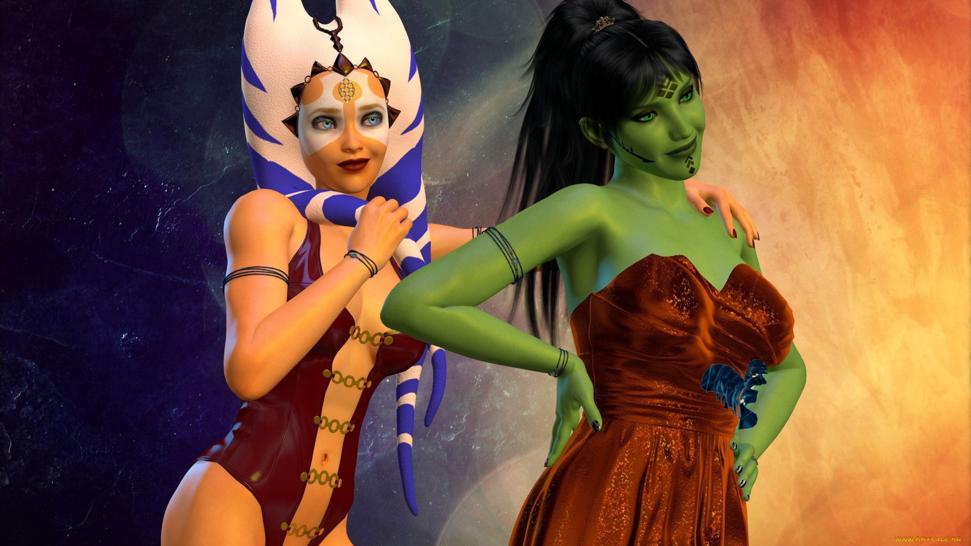 3д, графика, существа, , creatures, взгляд, девушки, фон