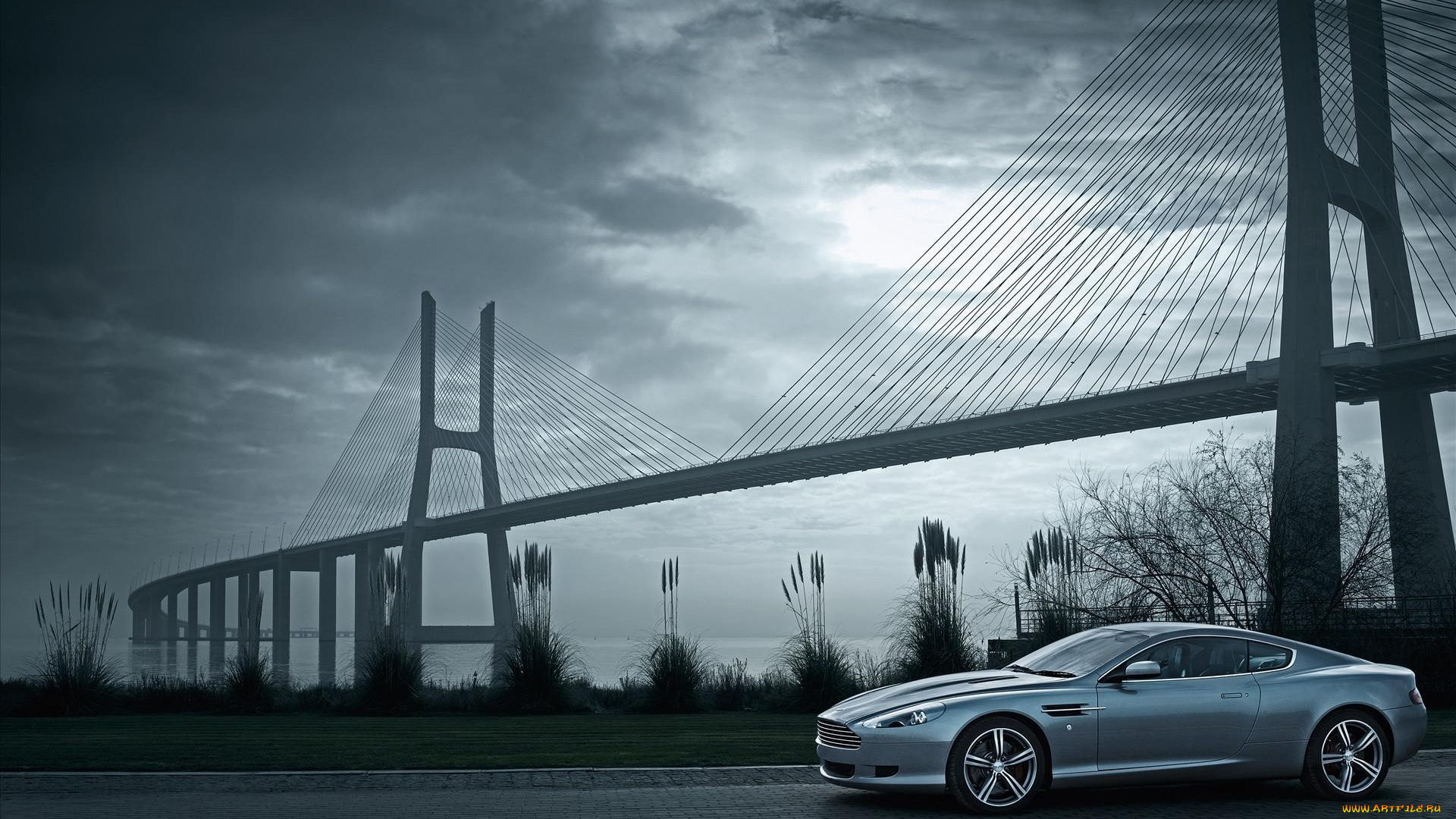 автомобили, aston, martin, мост, река, серебристый, астон, мартин