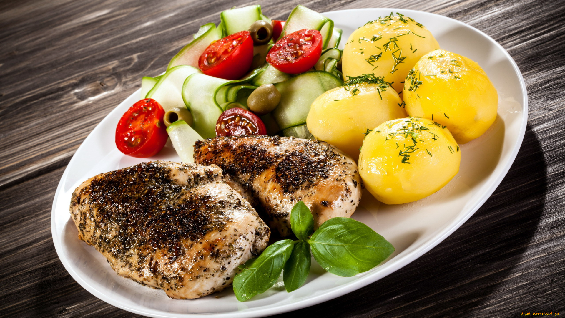 еда, мясные, блюда, картофель, отбивная, мясо, томаты, помидоры