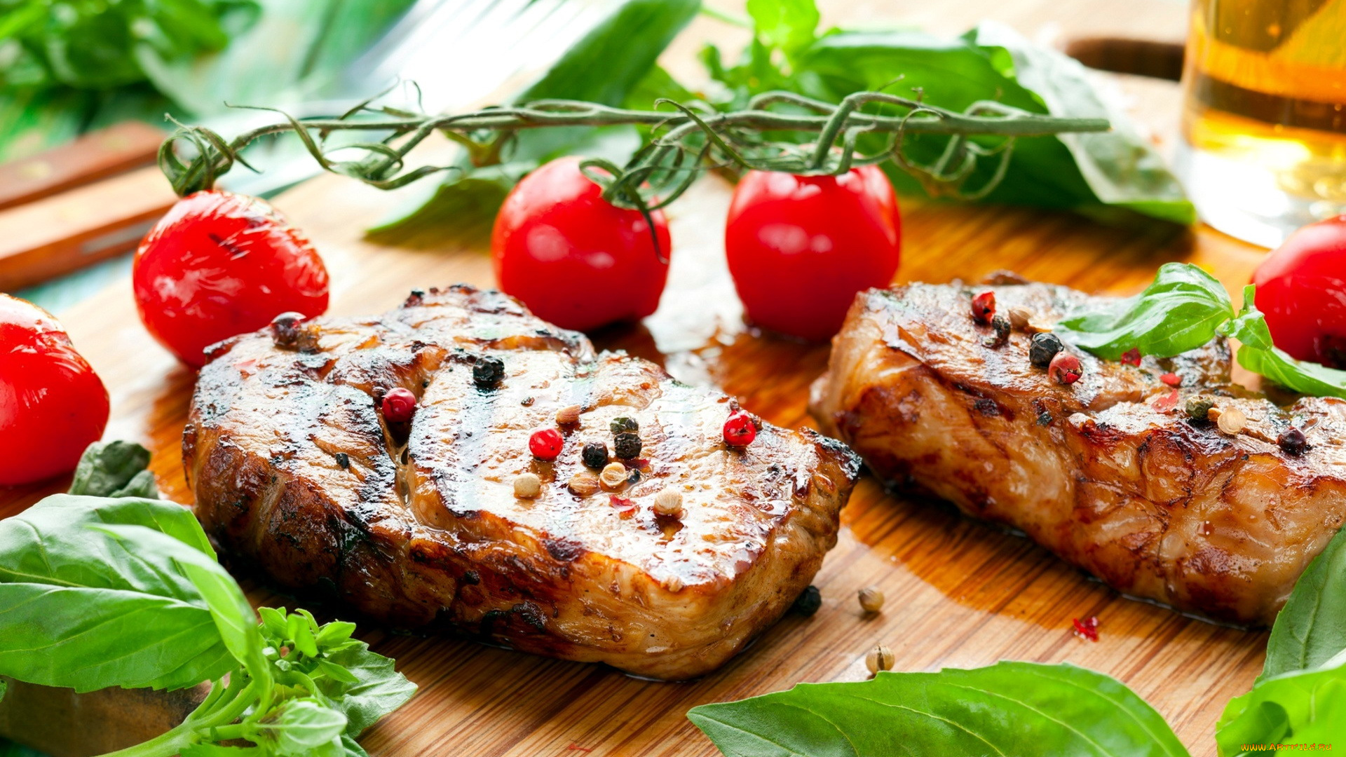 еда, мясные, блюда, стейк, мясо, томаты, помидоры