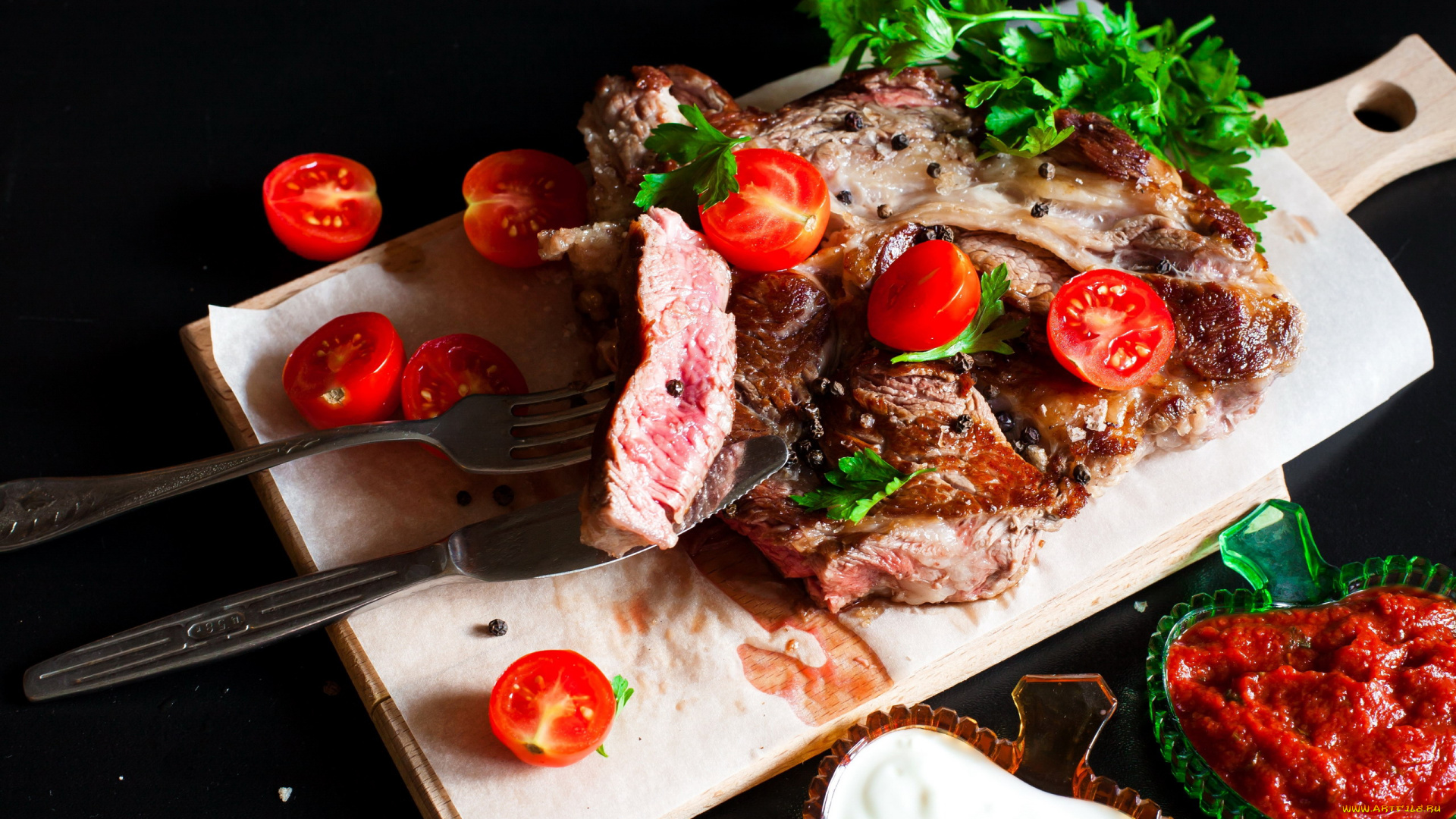 еда, мясные, блюда, стейк, мясо, томаты, помидоры