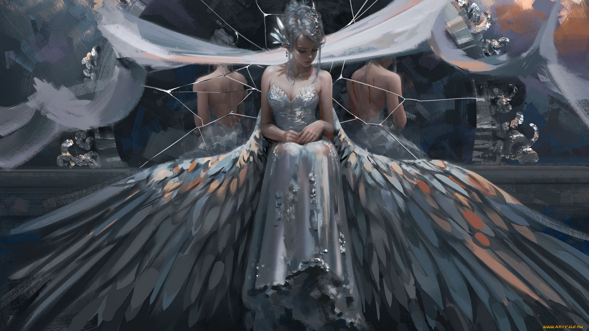 фэнтези, ангелы, фон, девушка, платье, зеркало