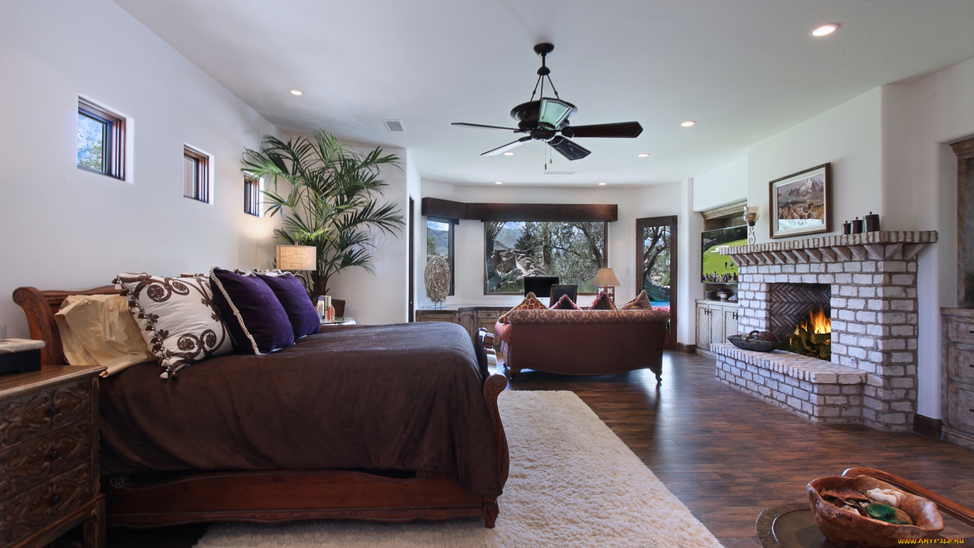интерьер, спальня, кровать, вентилятор, окна, камин, диван