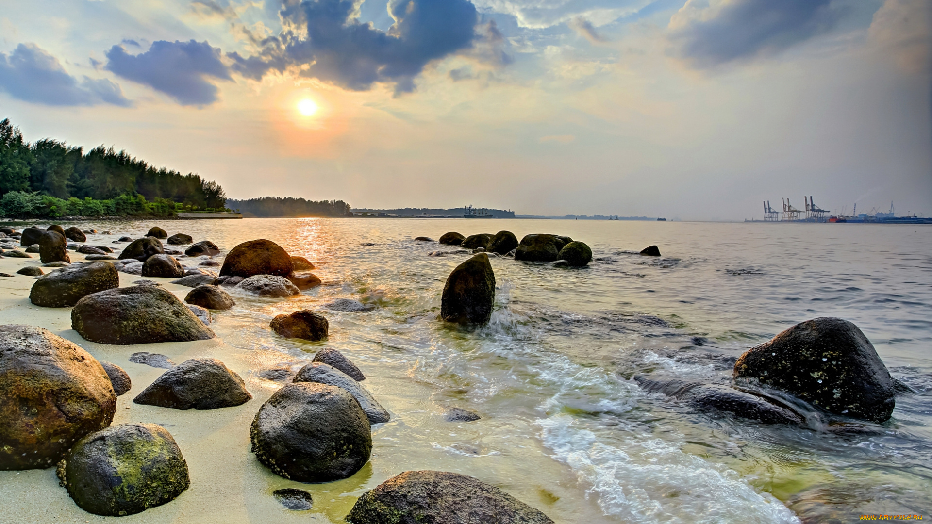 природа, побережье, берег, камни, тучи, небо, река