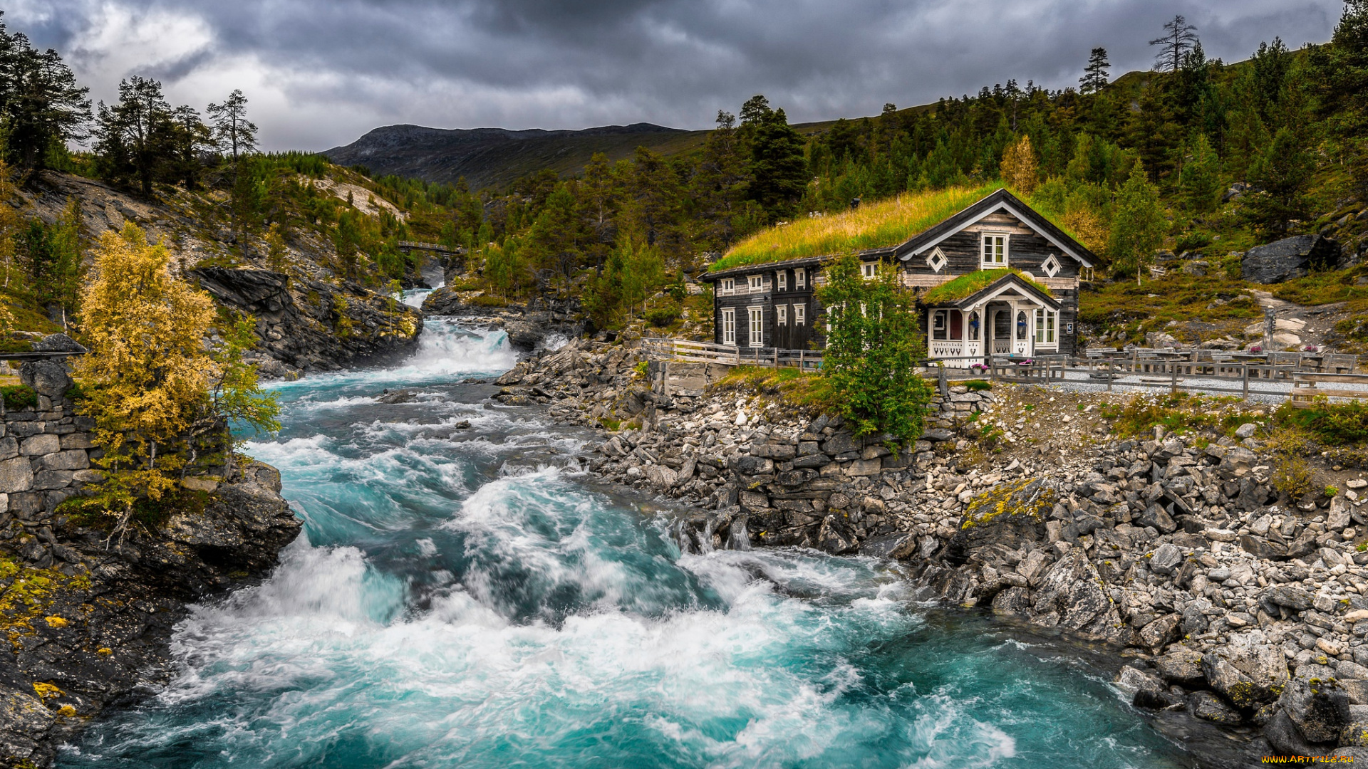 природа, реки, озера, горы, облака, ели, вода, поток, течение, берег, дом, тучи, крыша, трава, речка, домик, особняк, водоем, пороги, норвегия, холмы, пасмурно, река, камни, небо, лес, осень