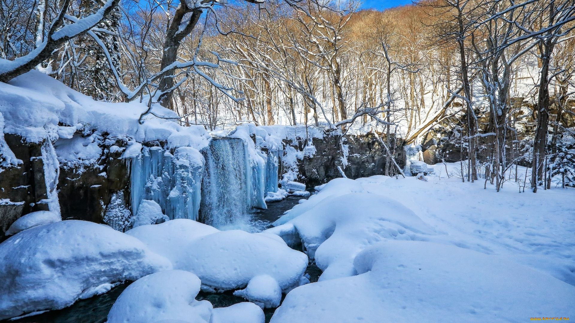 природа, водопады, снег, река