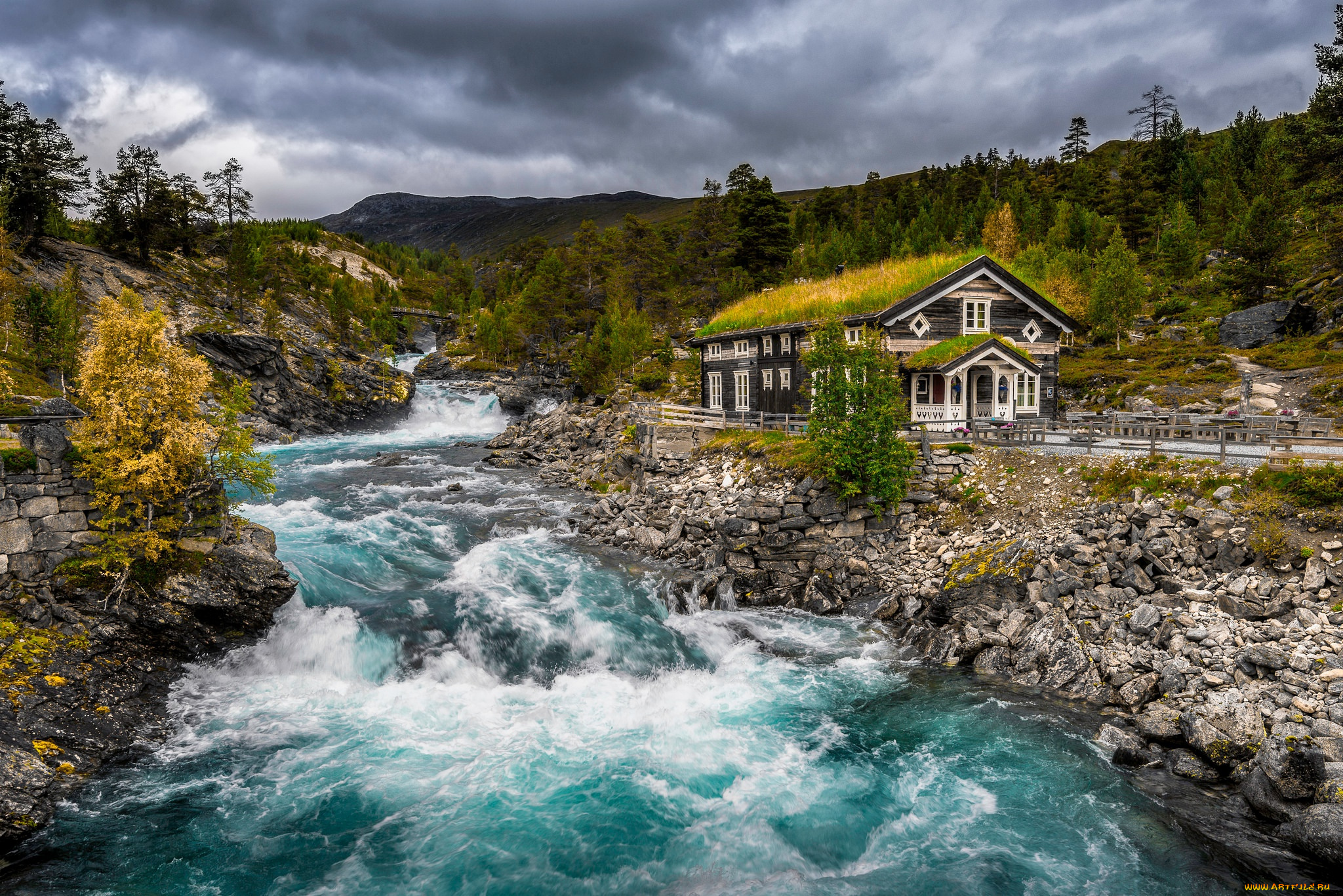 природа, реки, озера, горы, облака, ели, вода, поток, течение, берег, дом, тучи, крыша, трава, речка, домик, особняк, водоем, пороги, норвегия, холмы, пасмурно, река, камни, небо, лес, осень