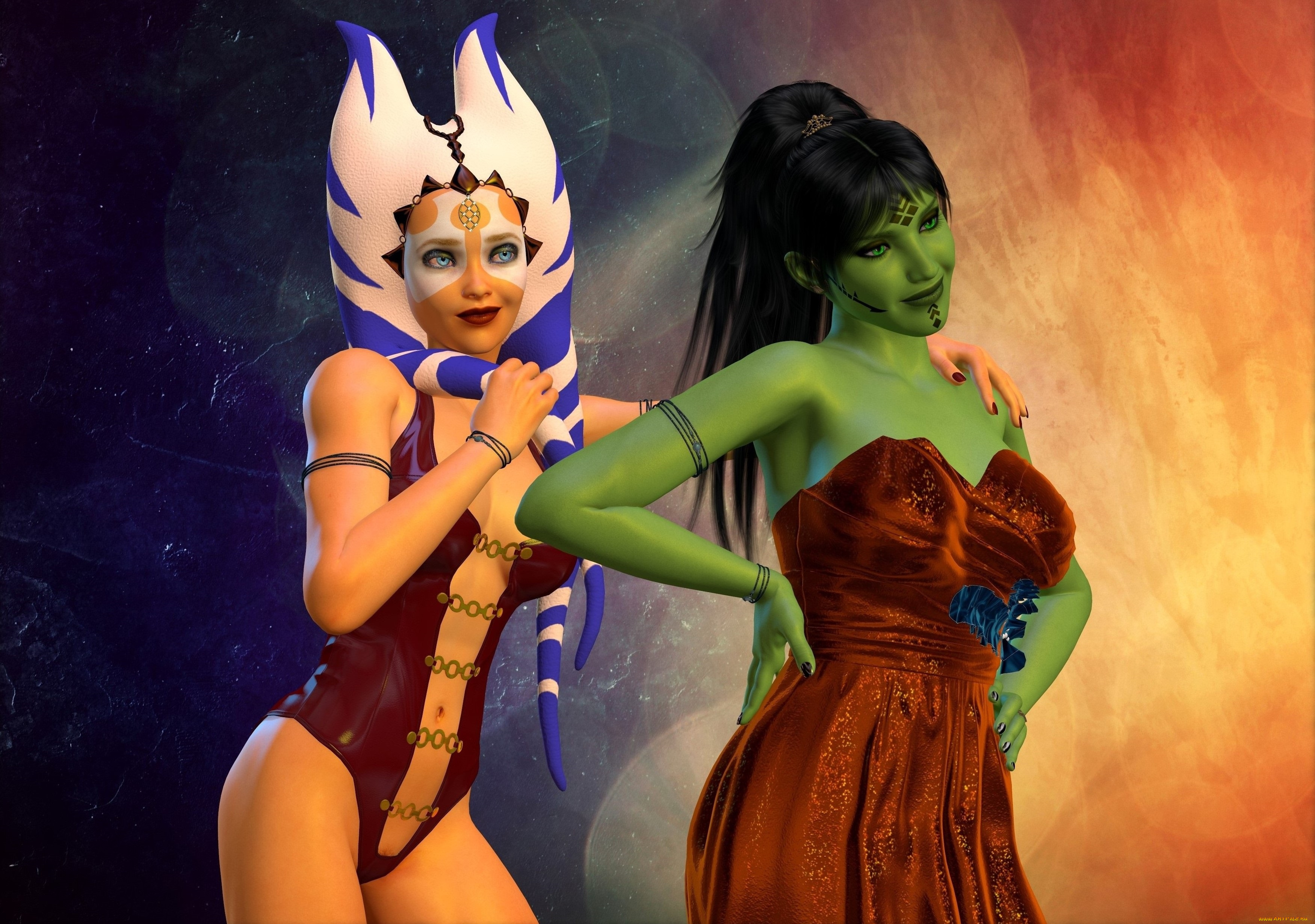 3д, графика, существа, , creatures, взгляд, девушки, фон