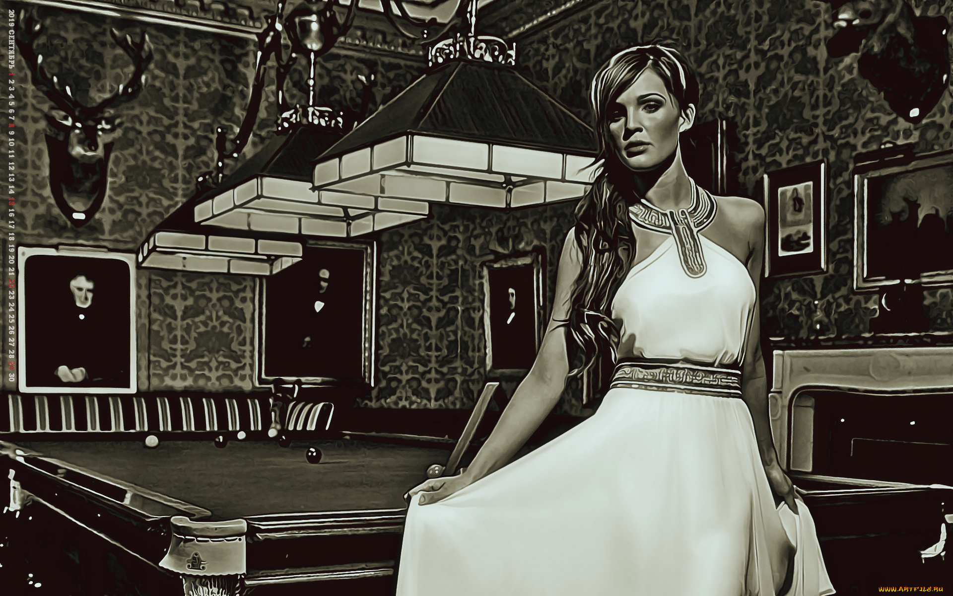 календари, компьютерный, дизайн, женщина, картина, calendar, 2019, девушка, бильярд, взгляд, комната, мебель