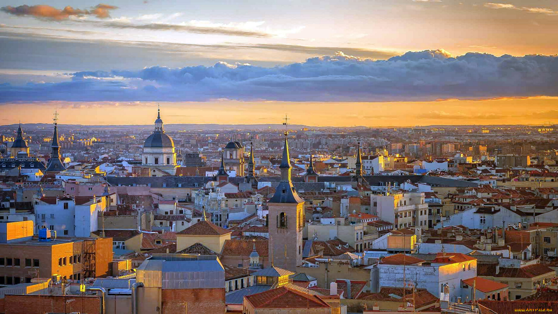 города, мадрид, , испания, небо, облака, восход, панорама
