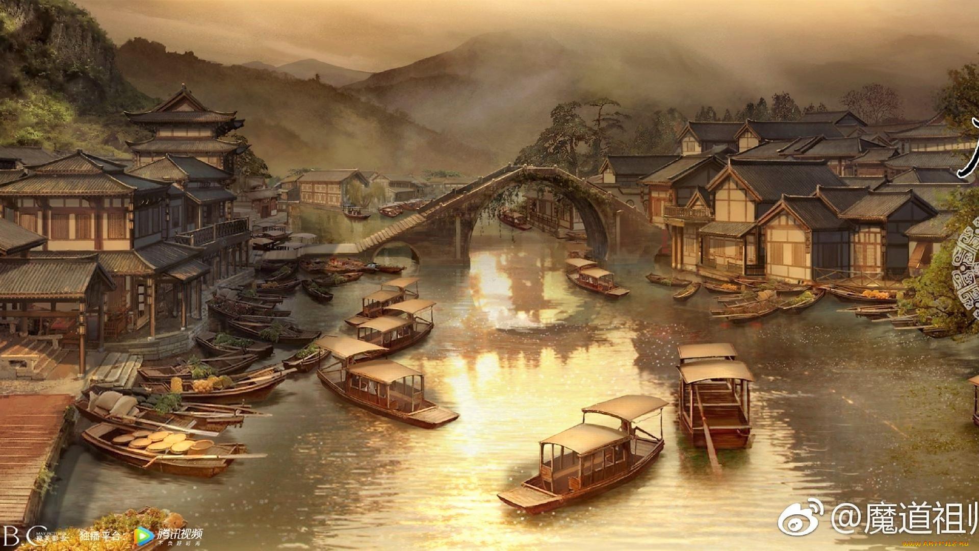 аниме, mo, dao, zu, shi, город, река, лодки, горы