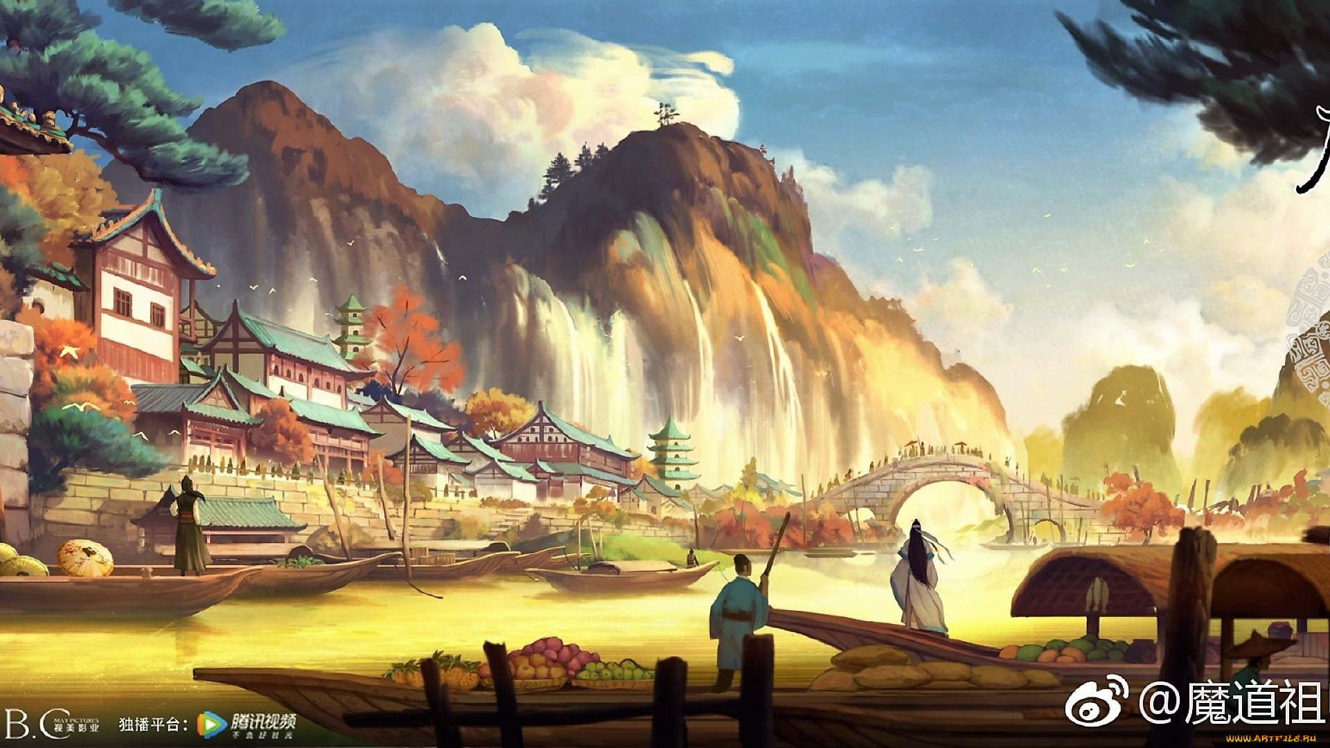 аниме, mo, dao, zu, shi, вэй, усянь, лань, ванцзы, город, горы, водопады, лодки, река