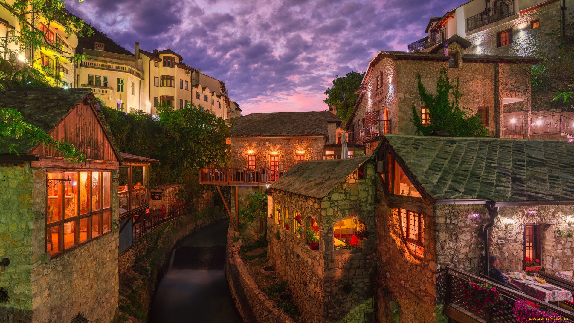 города, -, другое, ночь, город, река, дома, освещение, канал, босния, и, герцеговина, мостар