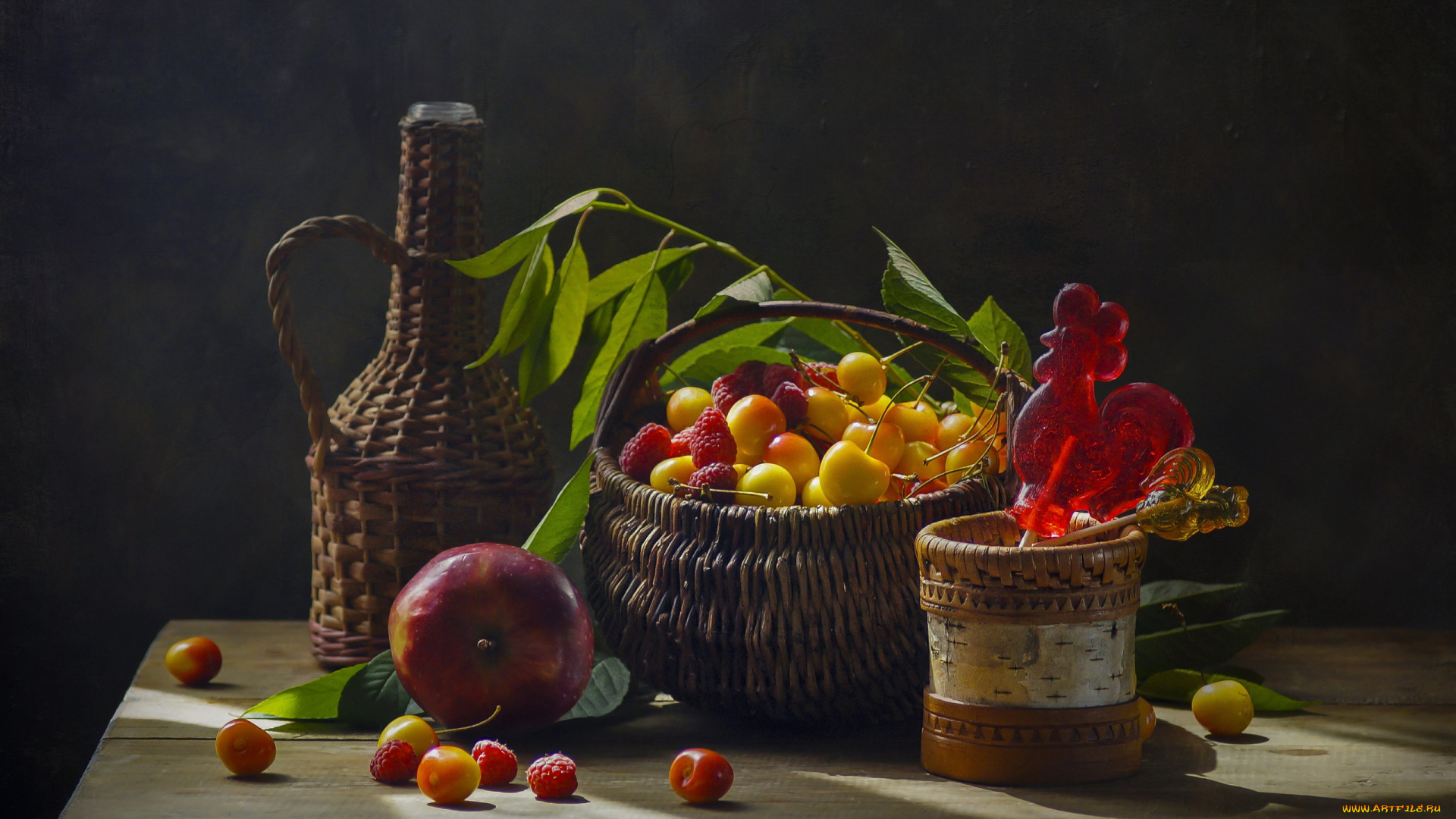 еда, фрукты, , ягоды, бутыль, корзинка, черешня, малина, яблоко, леденец